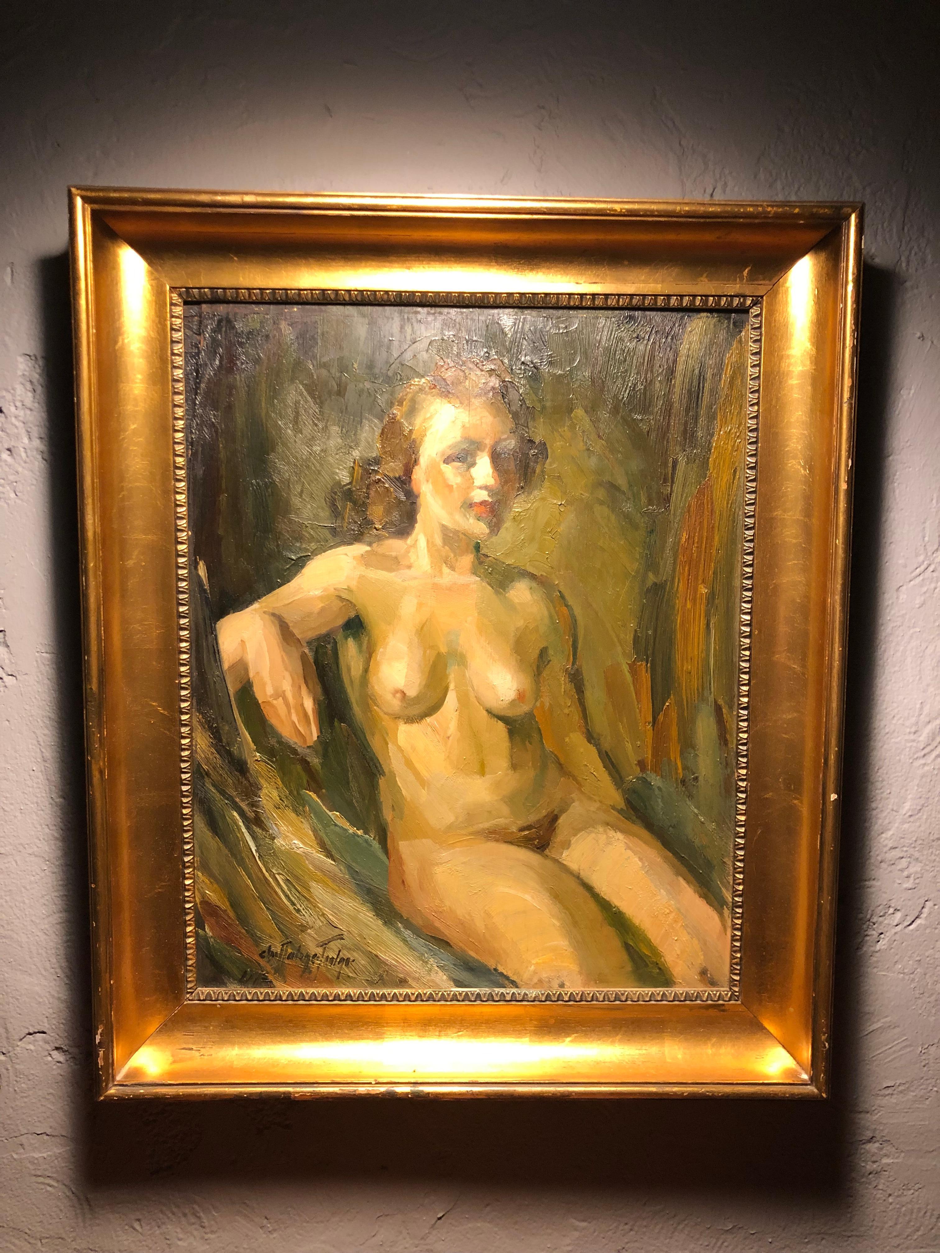 Portrait d'une femme assise, huile sur panneau, par Christian Aabye Tage en vente 4