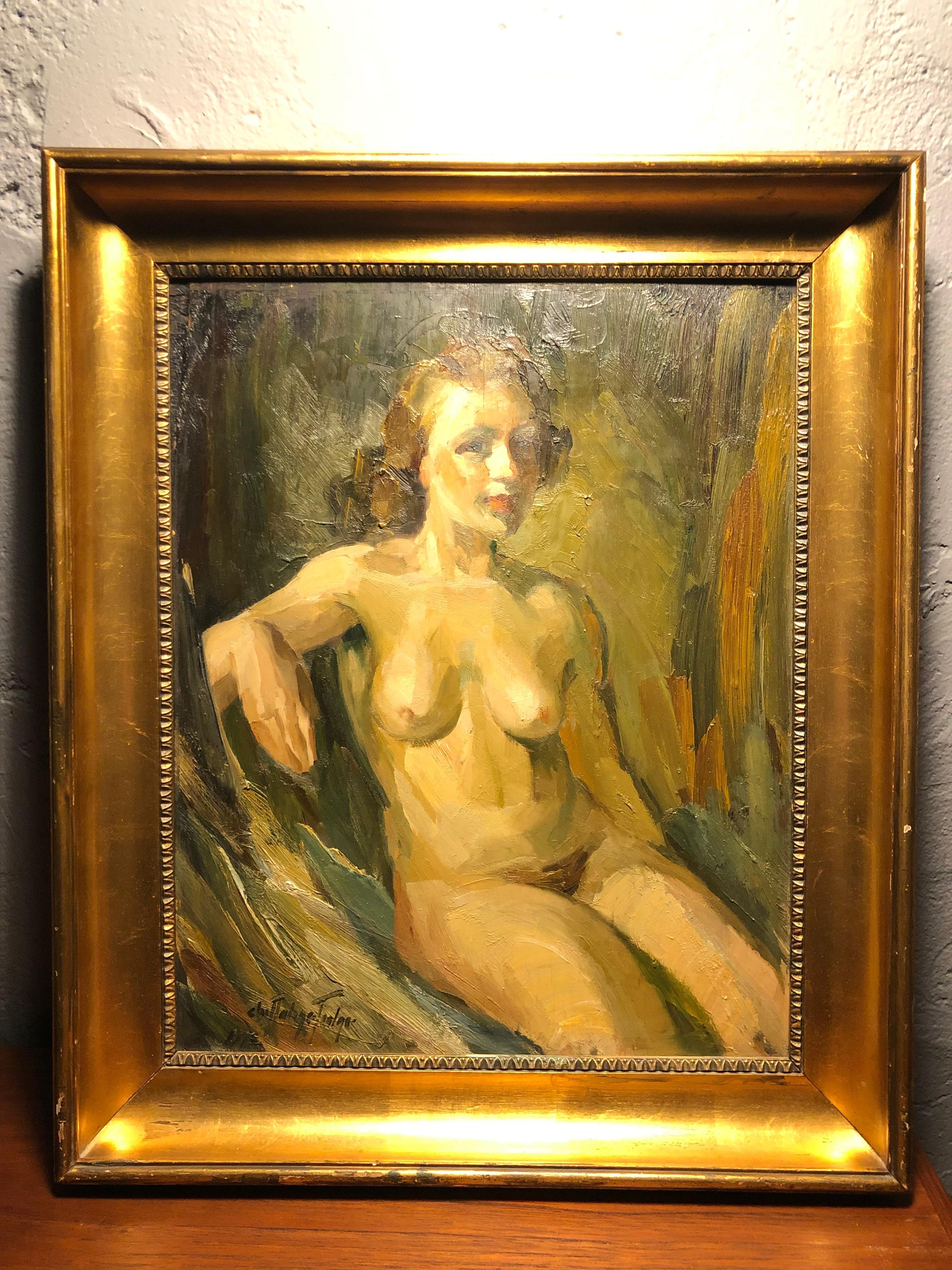 Mid-Century Modern Nude Oil on Board Portrait by Christian Aabye Tage of a Sitting Woman For Sale