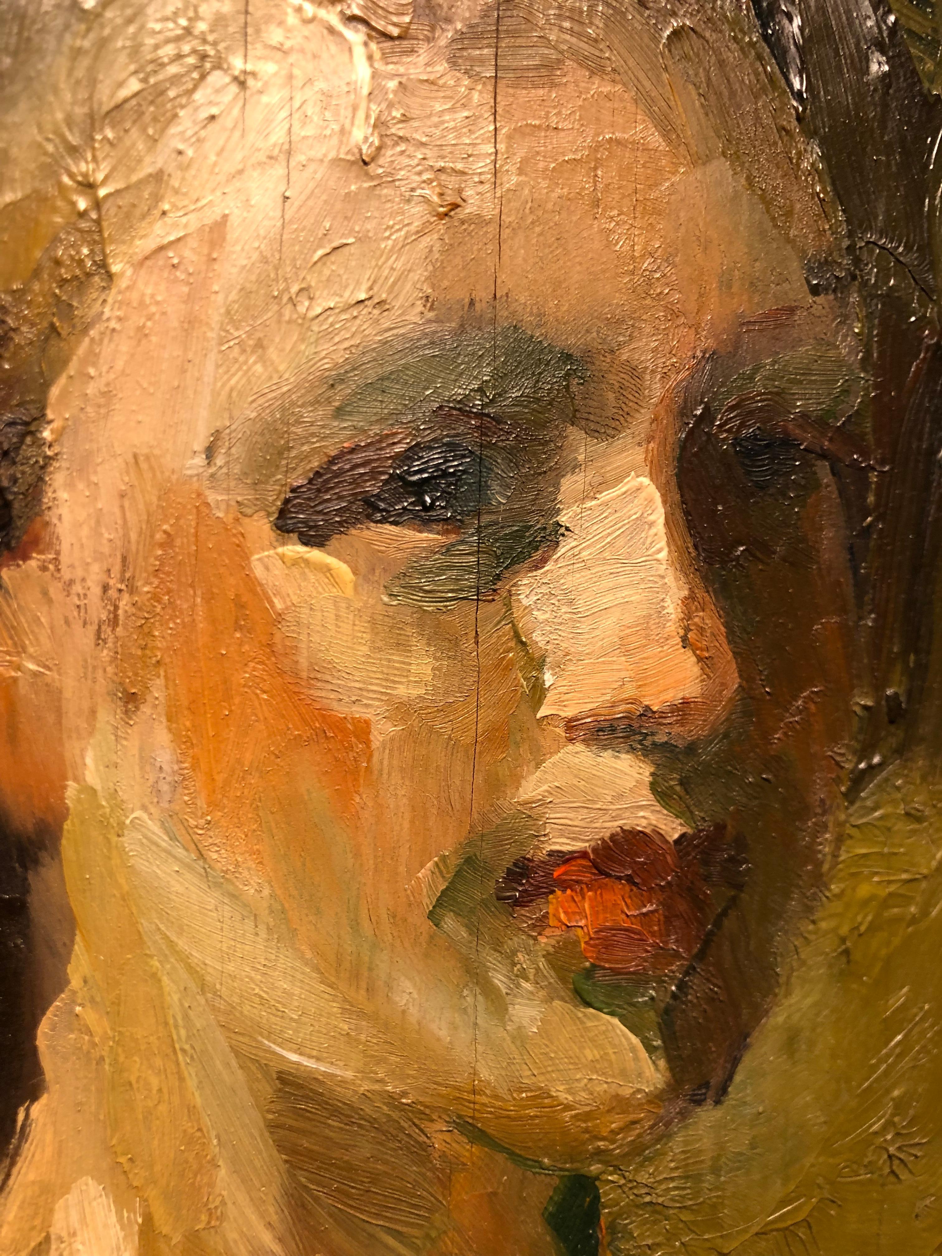 Danish Nude Oil on Board Portrait by Christian Aabye Tage of a Sitting Woman For Sale