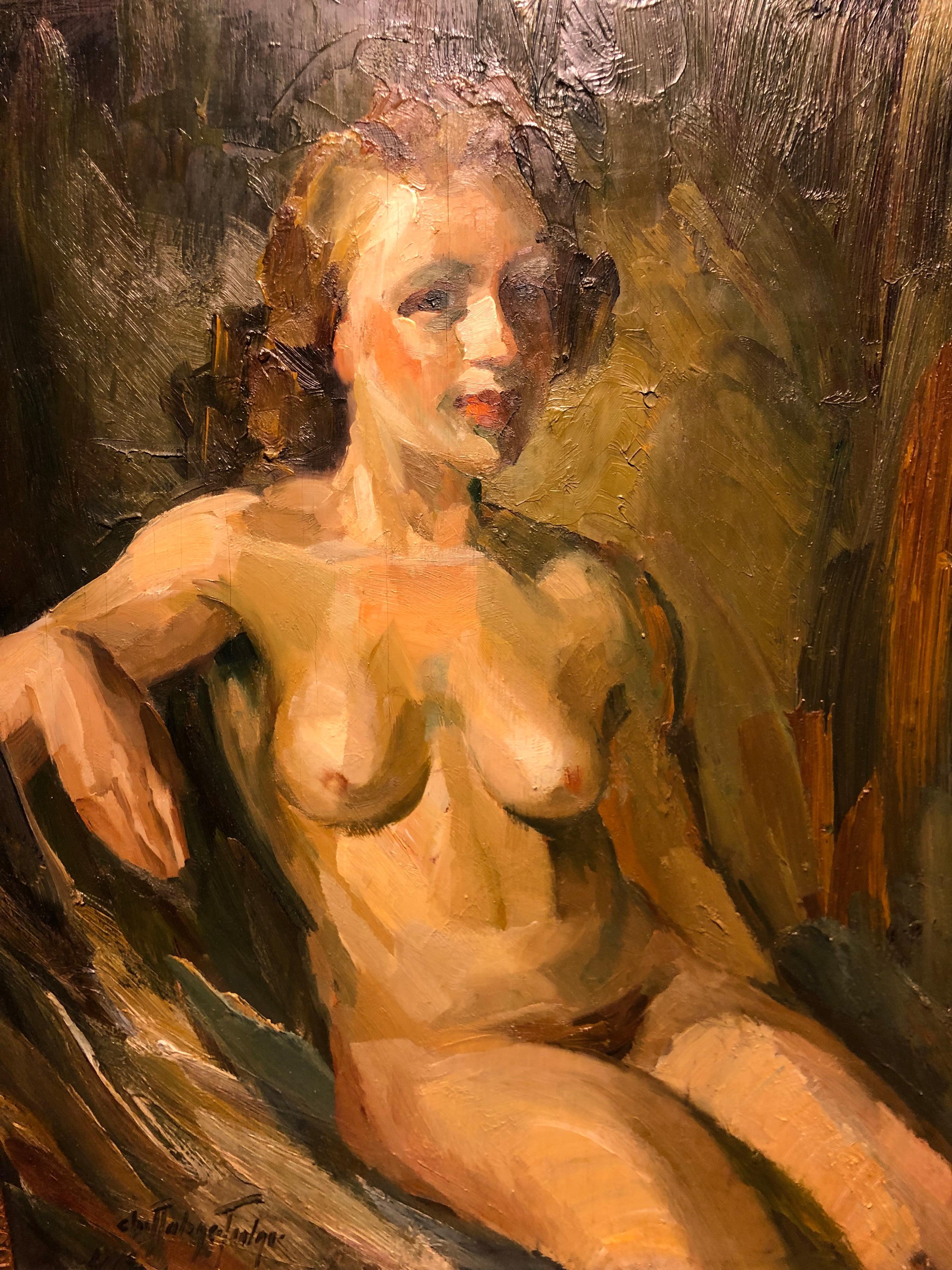 Mid-20th Century Nude Oil on Board Portrait by Christian Aabye Tage of a Sitting Woman For Sale