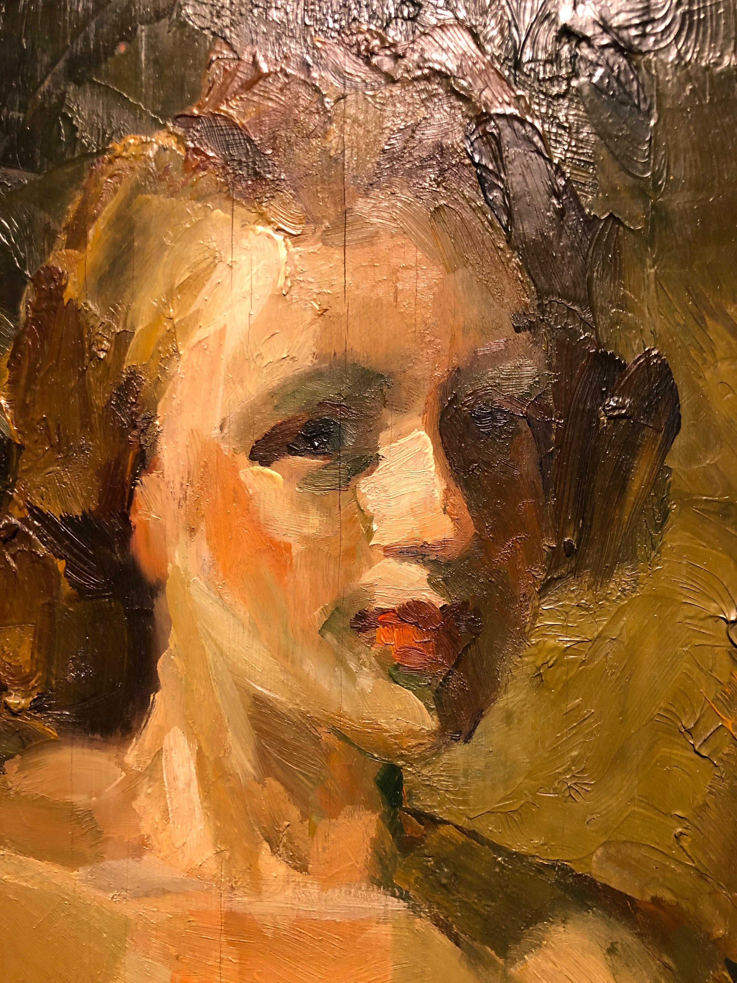 Contreplaqué Portrait d'une femme assise, huile sur panneau, par Christian Aabye Tage en vente