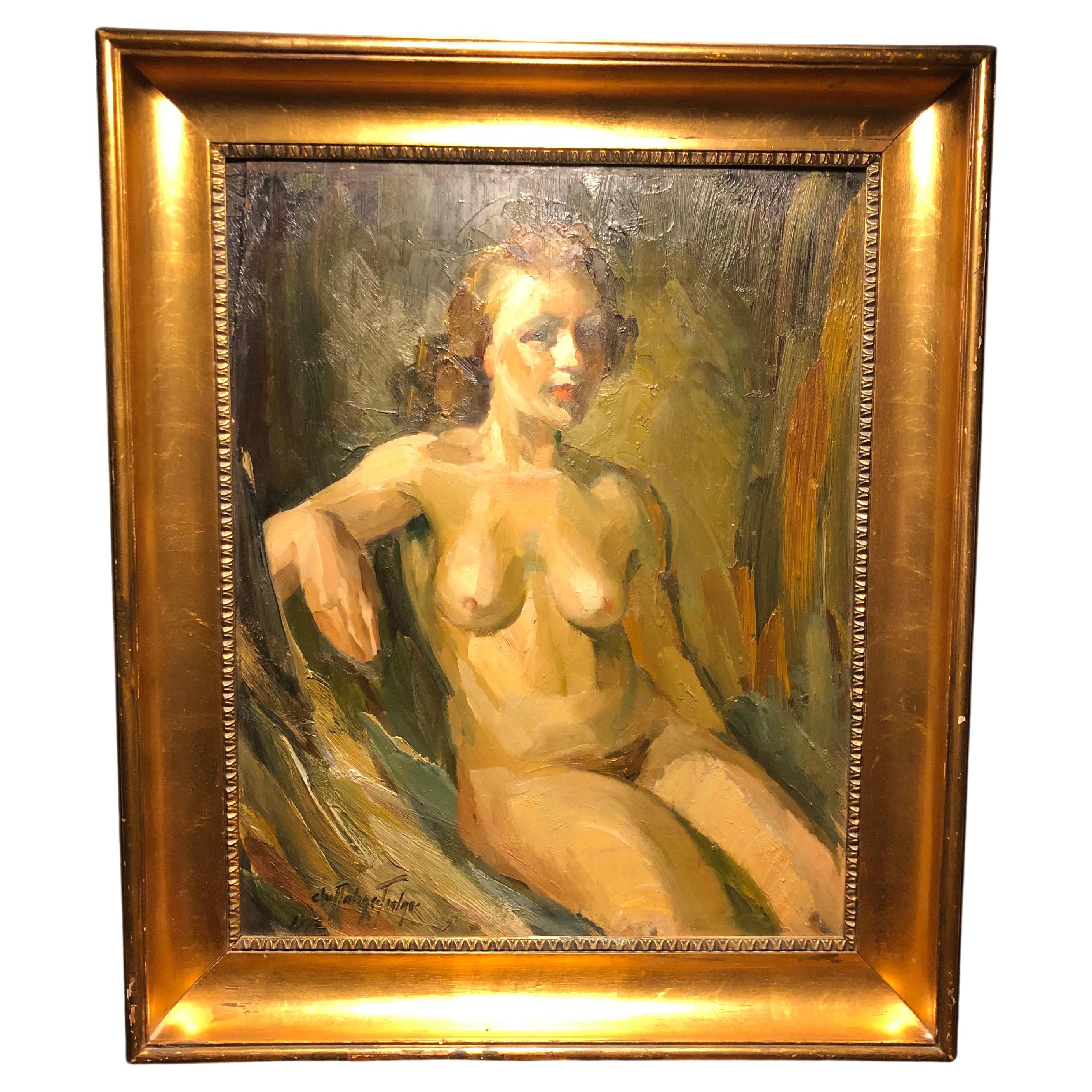 Nude Oil on Board Portrait by Christian Aabye Tage of a Sitting Woman