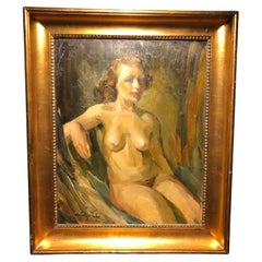 Used Nude Oil on Board Portrait by Christian Aabye Tage of a Sitting Woman