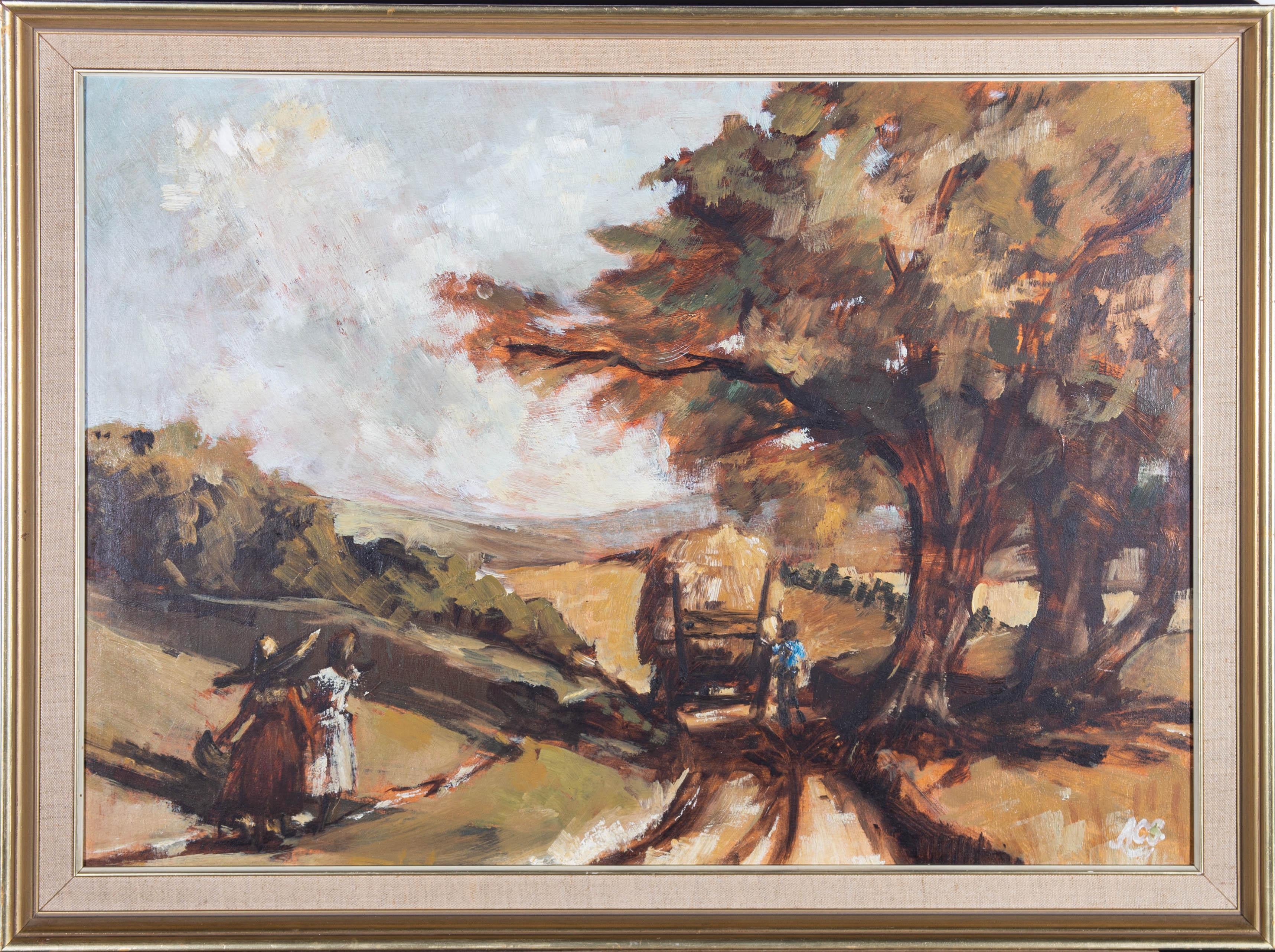 A rustic 20th Century oil showing a man and his hay cart making their way down a dirt track as two ladies watch them go to the left. The artist has initialed to the lower right corner and the painting has been presented in a contemporary gilt frame