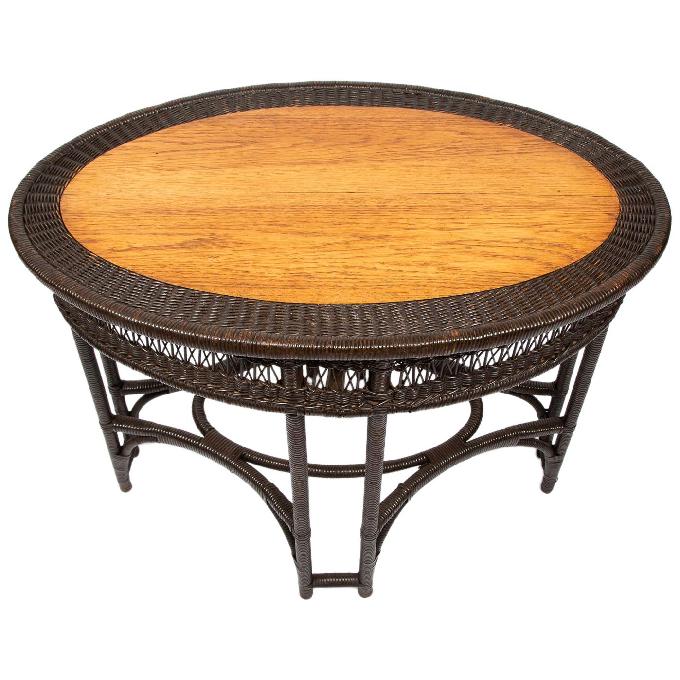 Oak and Rattan Oval Table For Sale