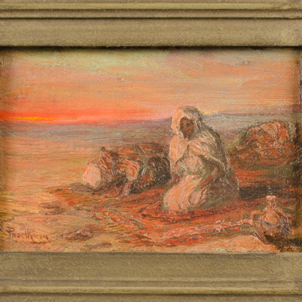 Peinture à l'huile sur panneau représentant des Bédouins sur la plage au coucher du soleil, signée indistinctement en bas à gauche.  
Taille du cadre : 12 :