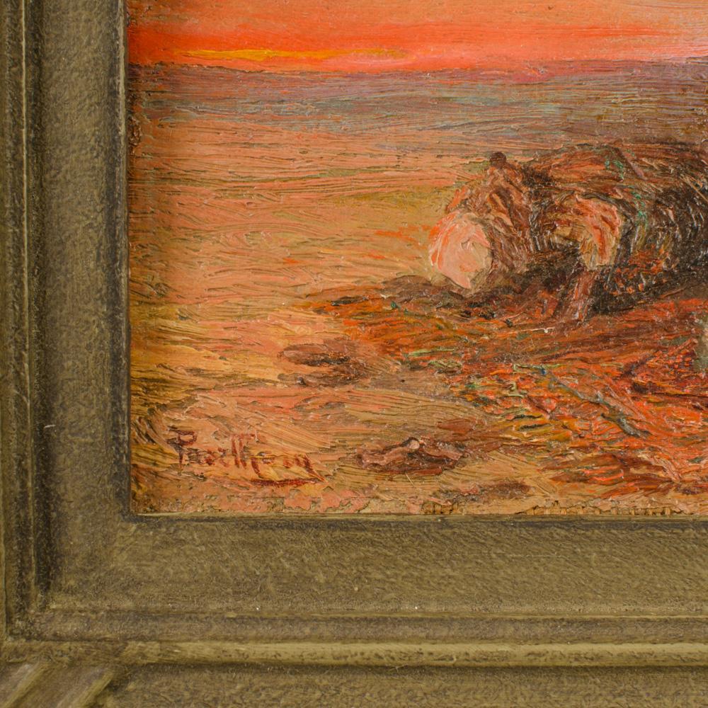 European A oil on board painting of Bedouin men on beach in sunset, signed indistinctly. For Sale