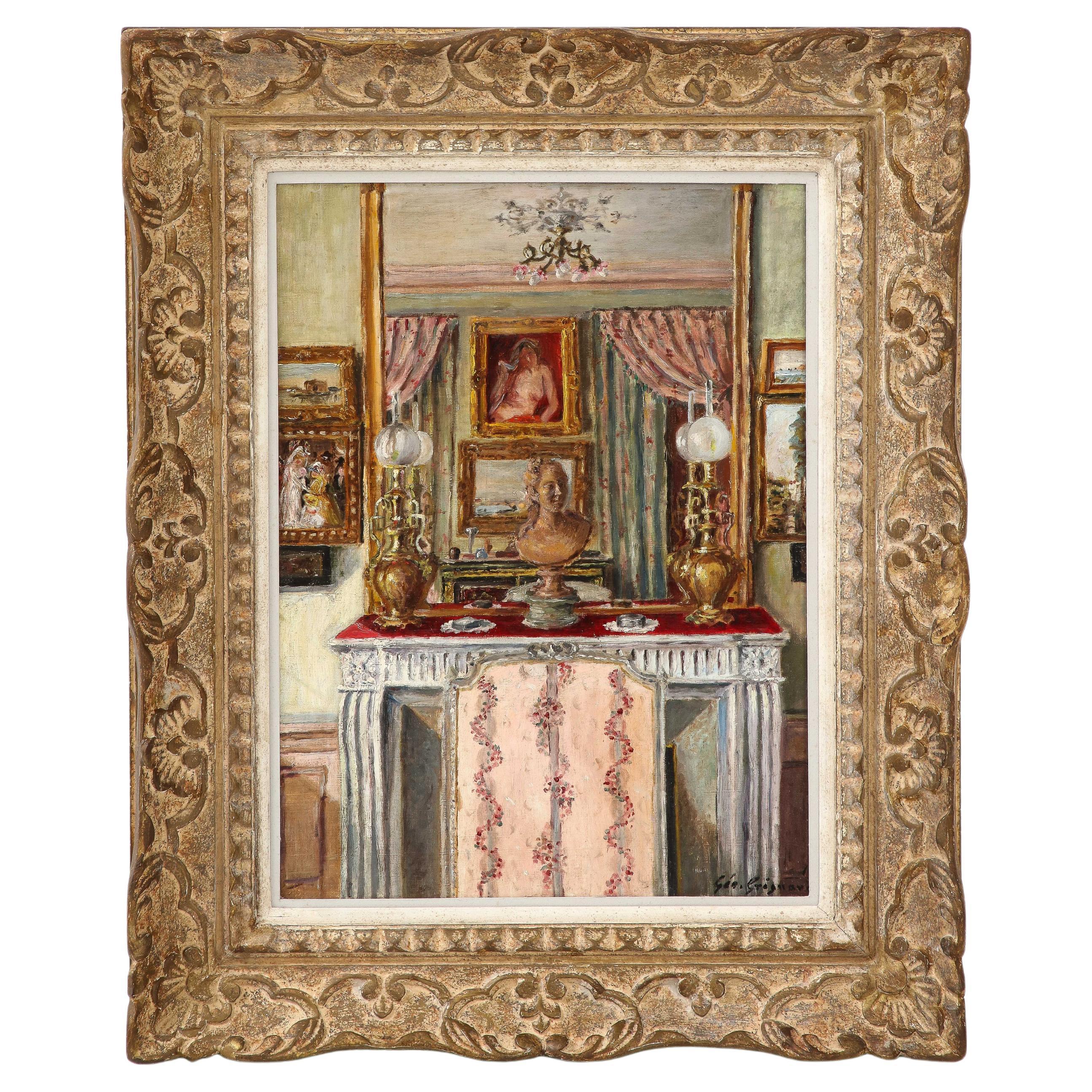 Une peinture à l'huile sur toile d'un intérieur en vente
