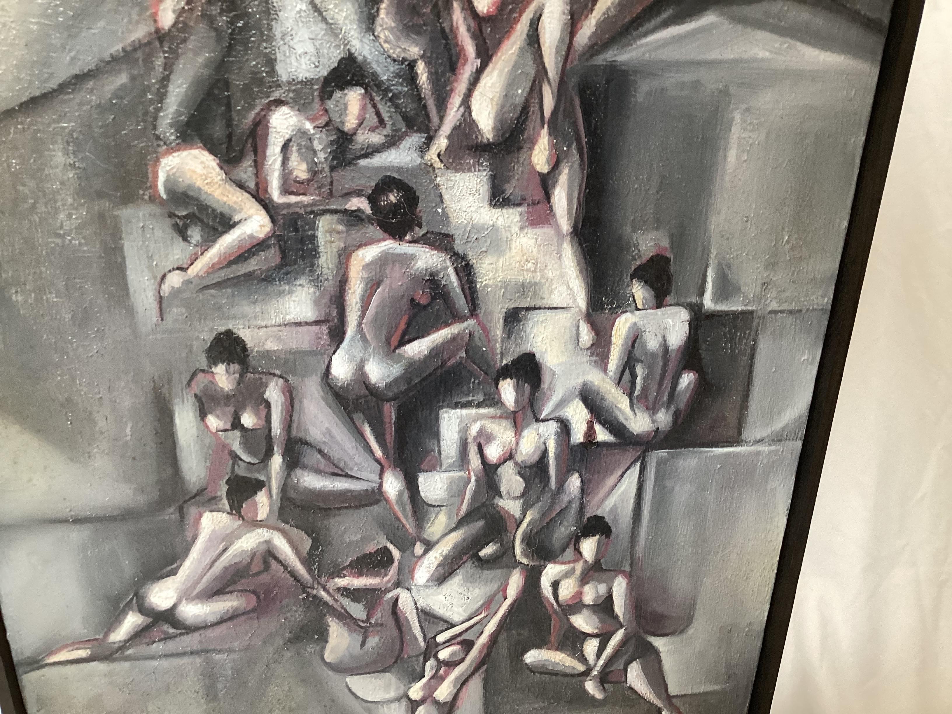 An oil painting on canvas features 15 female nudes in the cubist style in erotic positions  on a background of cubist shapes. All the images blend nicely in shades of grey, white, reddish hues with a sandy texture. The piece is framed in a black