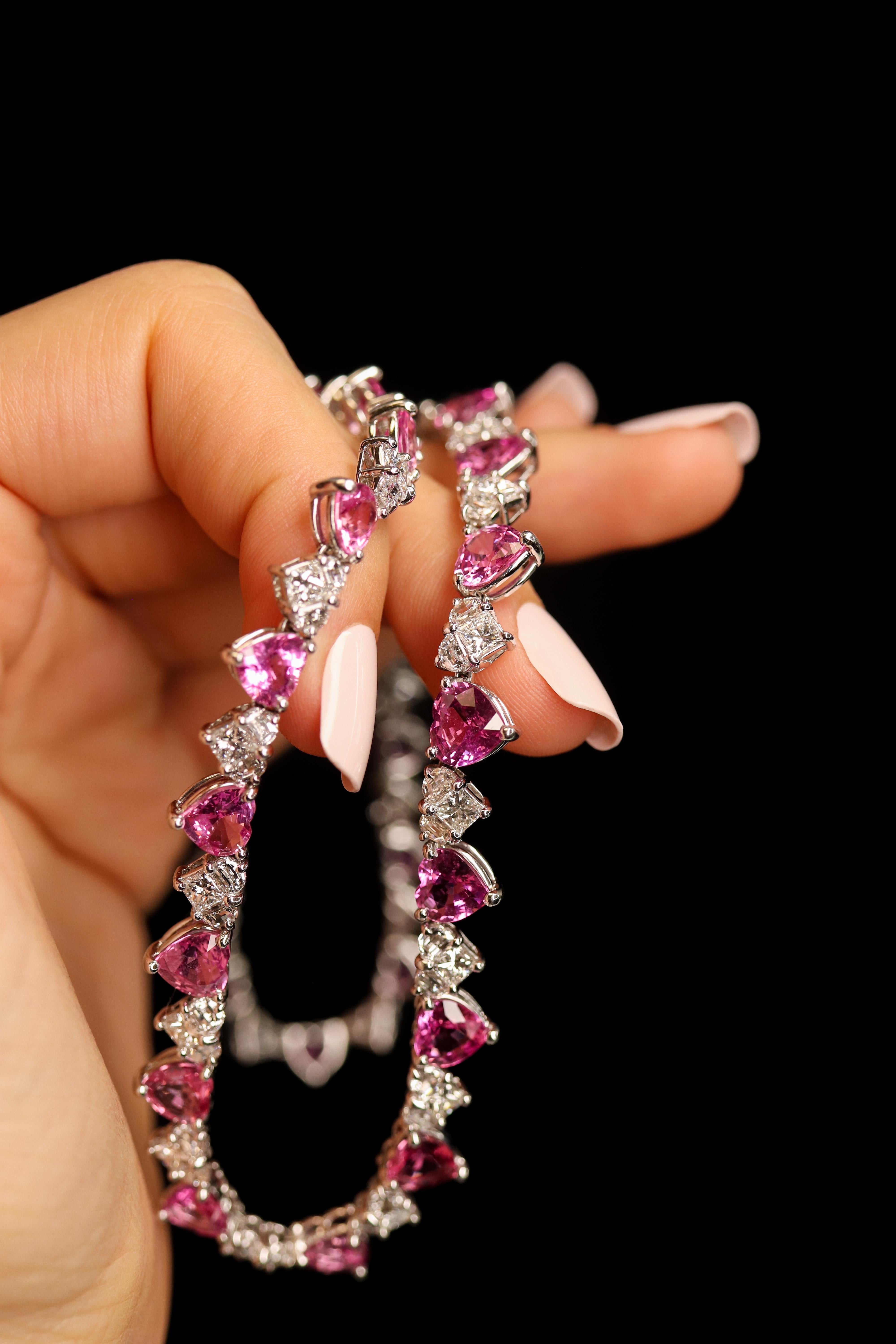 Heart Cut One of a Kind 29.27 Carat Pink Sapphire and Diamonds Necklace For Sale