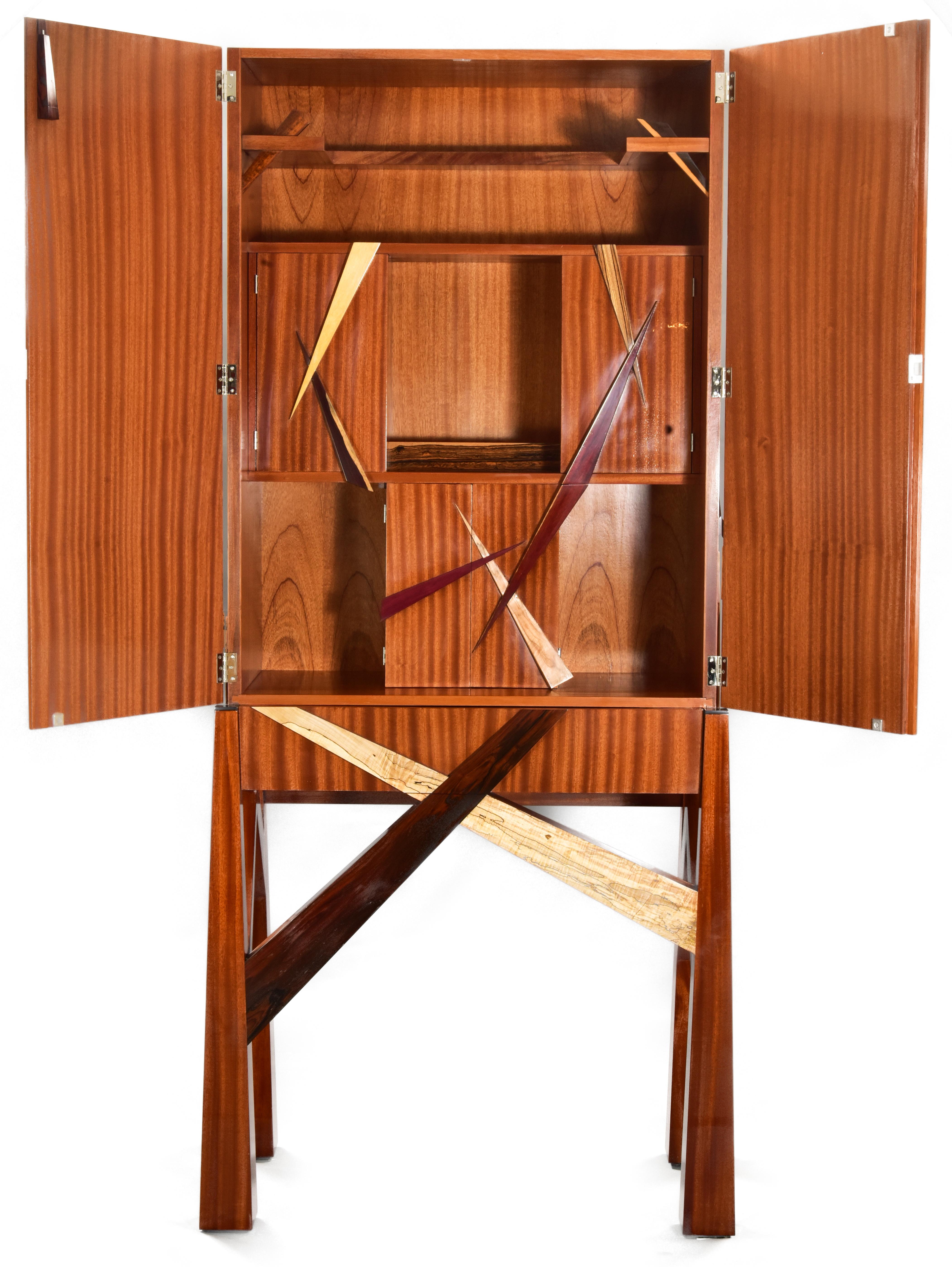 Hand-Crafted One of a Kind Artistic Sculptural Exotic Wood and Mahogany Liquor Cabinet For Sale