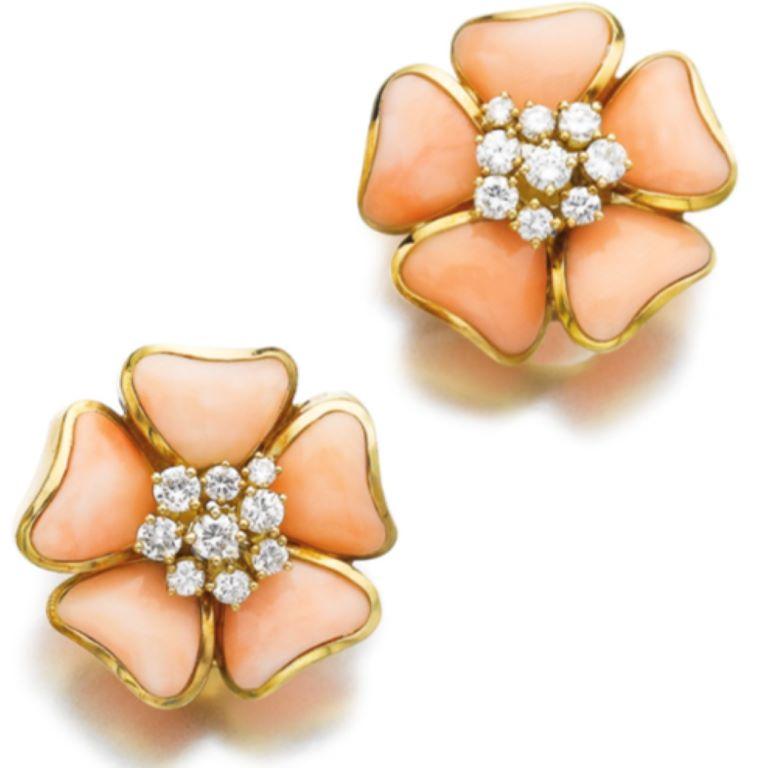 Round Cut Swiss Blum Pair of Coral and Diamond Earclips - SHIPPING FROM HONG KONG For Sale