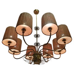 Paavo Tynell Large Commissioned Chandelier in Brass & Rattan Shades, Taito 1950s