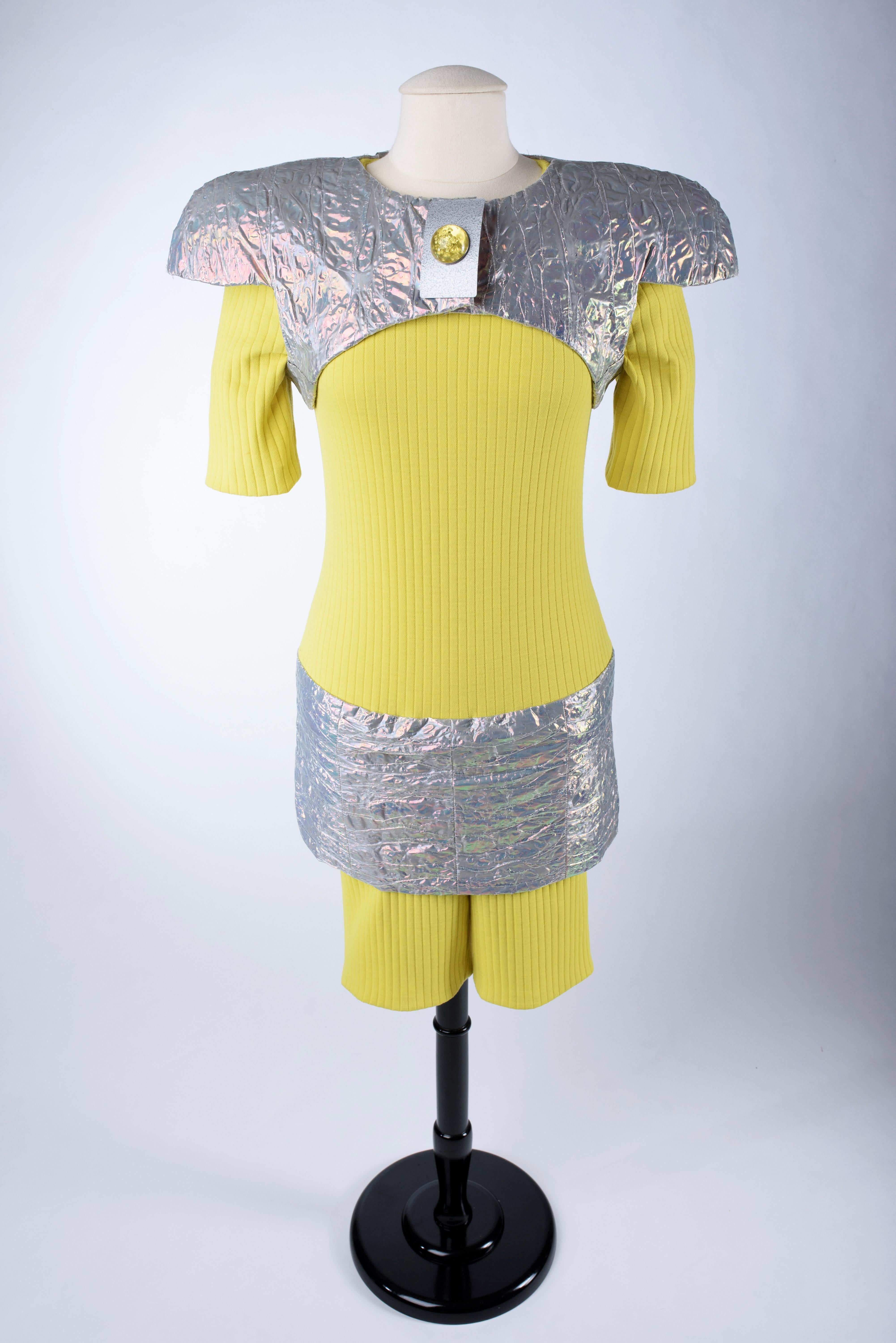 A Paco Rabanne Couture Set in Yellow knitwear and Papier Fou- Spring Summer 1991 For Sale 1