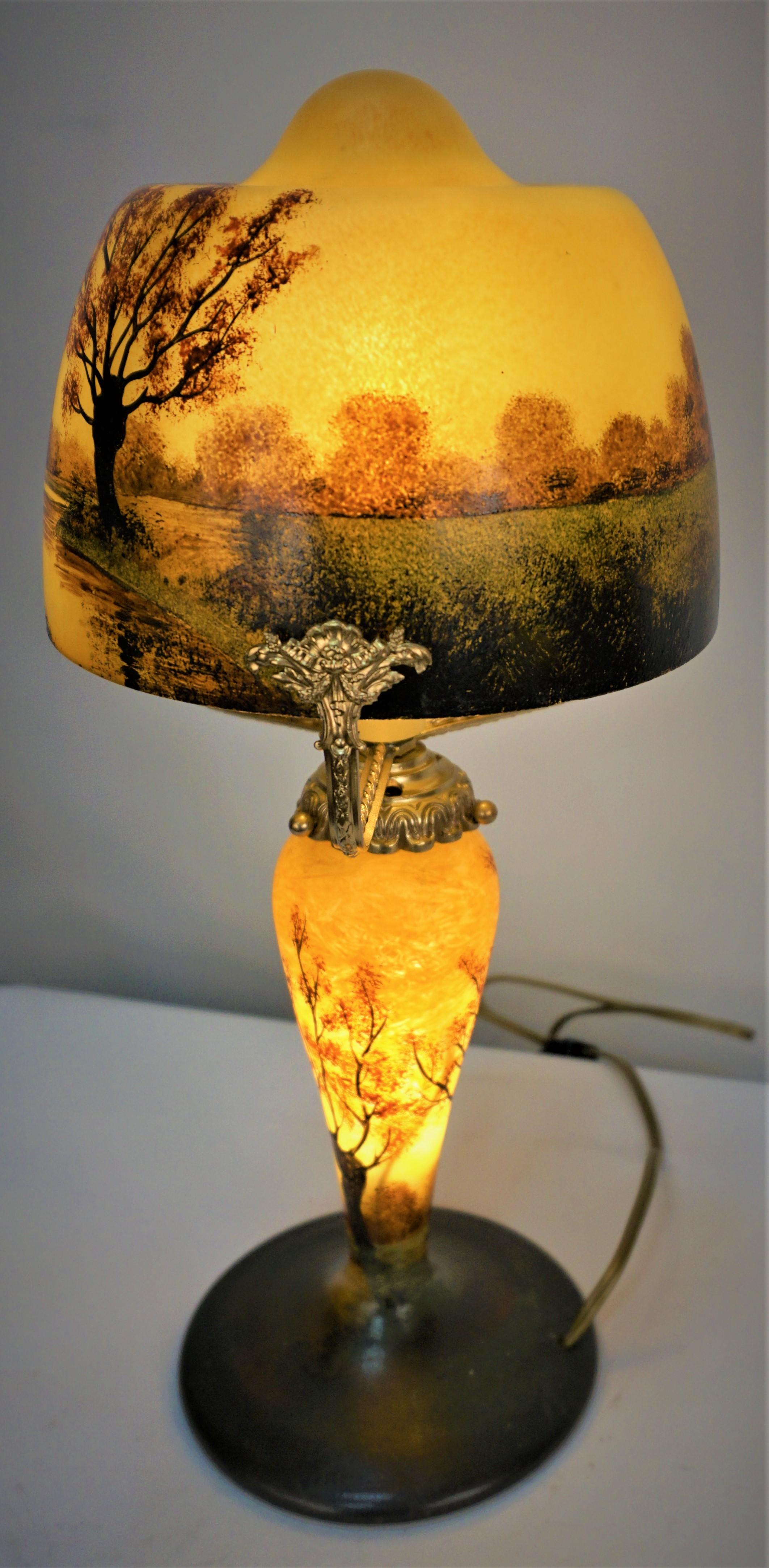 Painted Glass Table Lamp by Jean Gauthier, circle 1920's In Good Condition For Sale In Fairfax, VA
