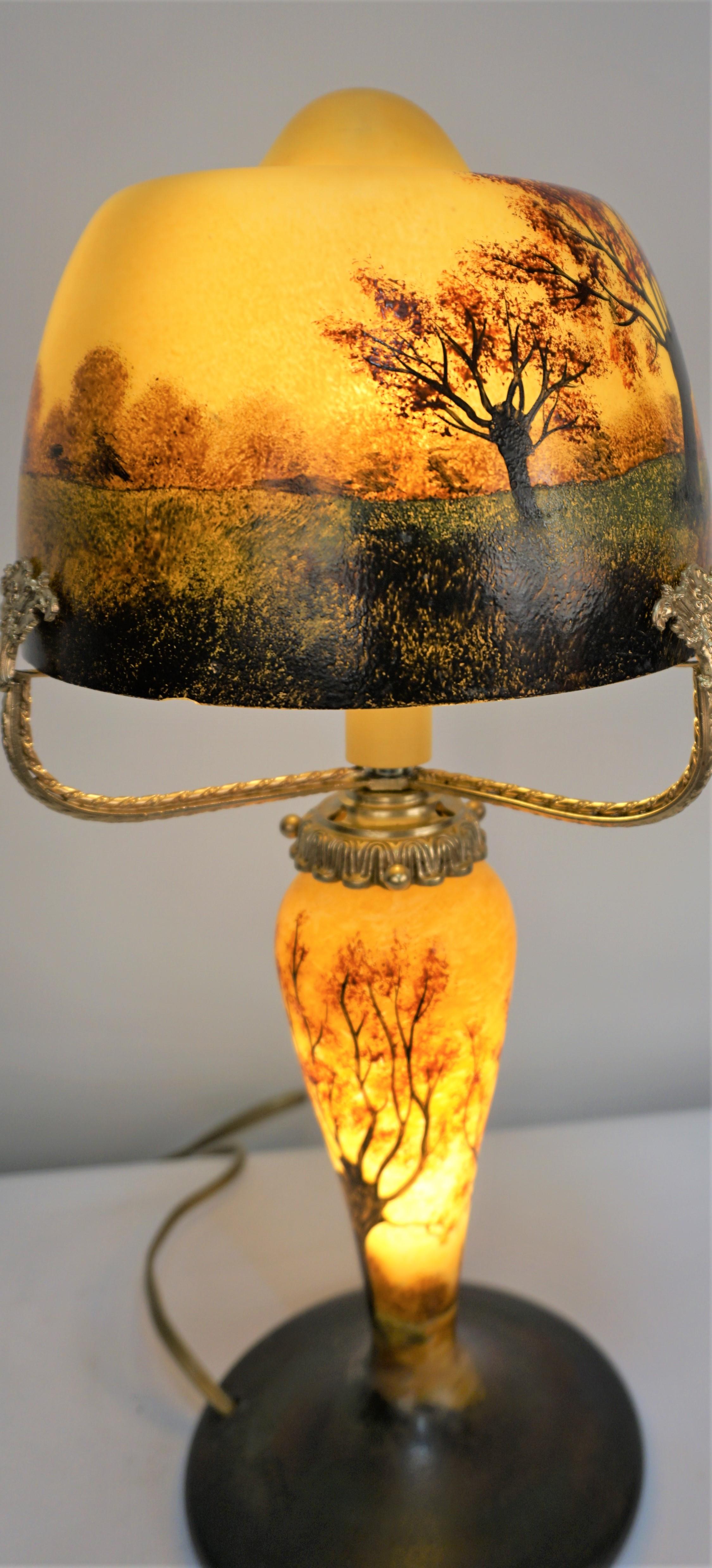 Early 20th Century Painted Glass Table Lamp by Jean Gauthier, circle 1920's For Sale