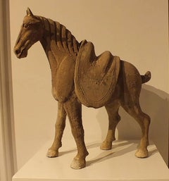 Painted Grey Pottery Figure of Striding Horse with Separate Saddle