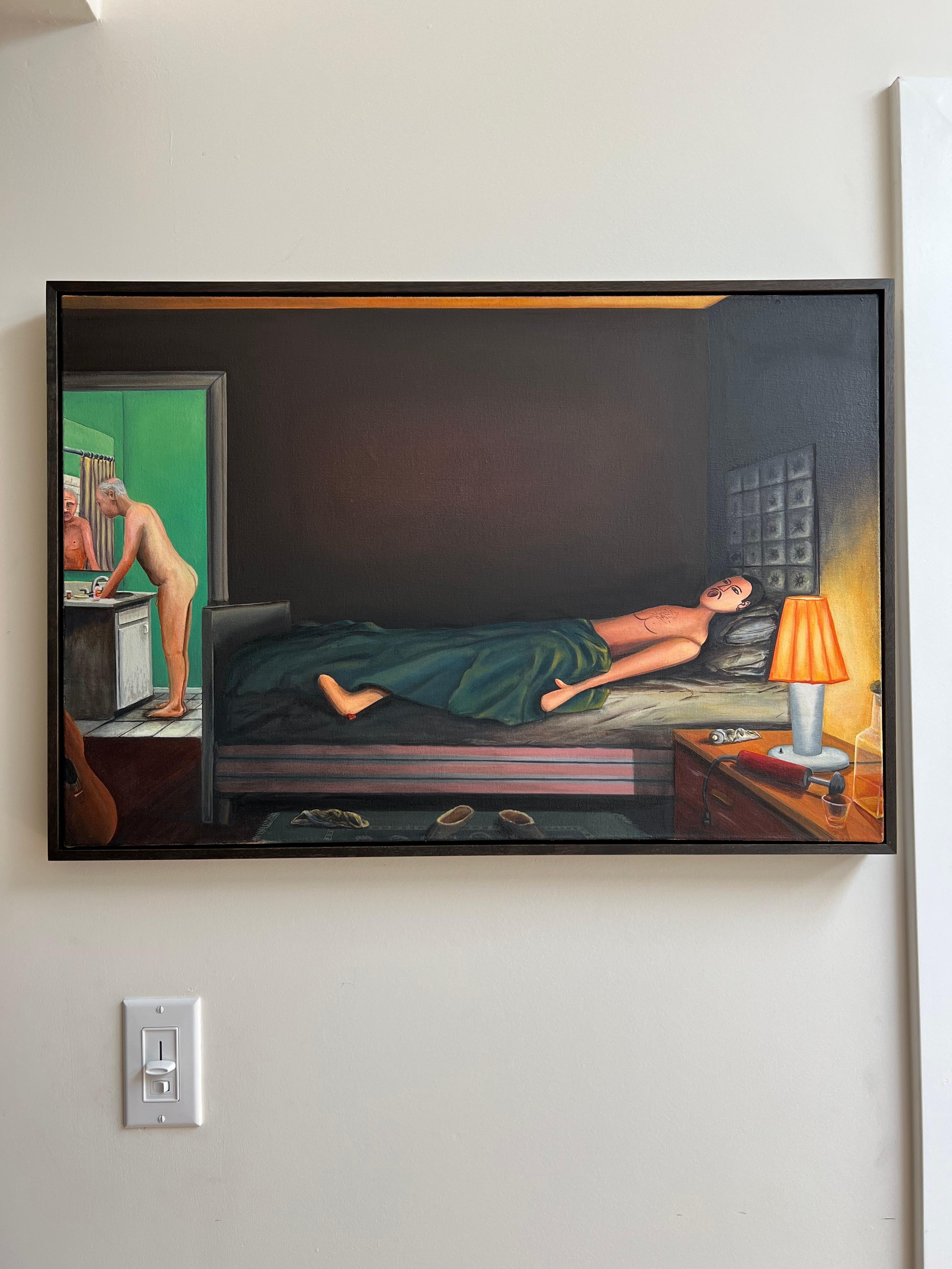 Gemälde von Inga Uwais, Abenteuer des Mannes mit der Liebespuppe #6, Öl auf Leinwand, 2012 im Angebot 3