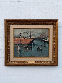 A Vintage Painting By Italian Artist Carlo Marra "Harbor Scene Napoli" ca' 1960'