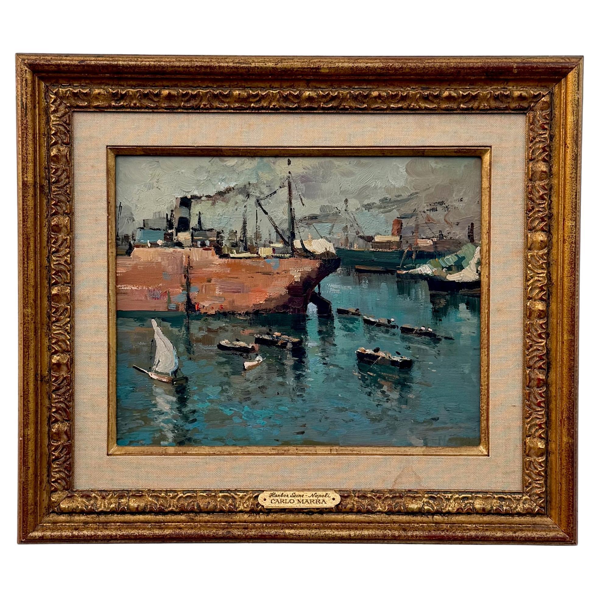 A Vintage Gemälde von italienischen Künstler Carlo Marra "Harbor Scene Napoli" ca
 1960
