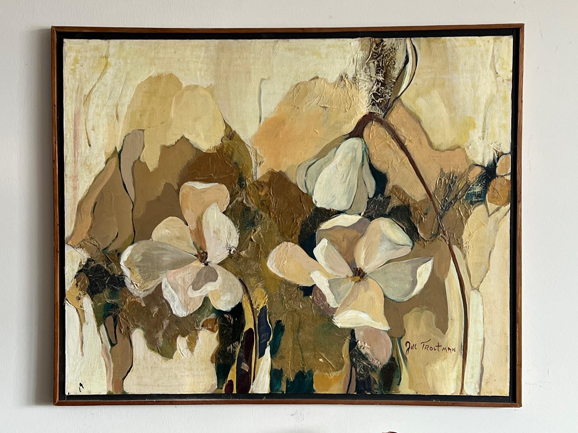 An interesting floral painting by Jill Troutman (Born 1939, active Mebane, North Carolina). Framed.