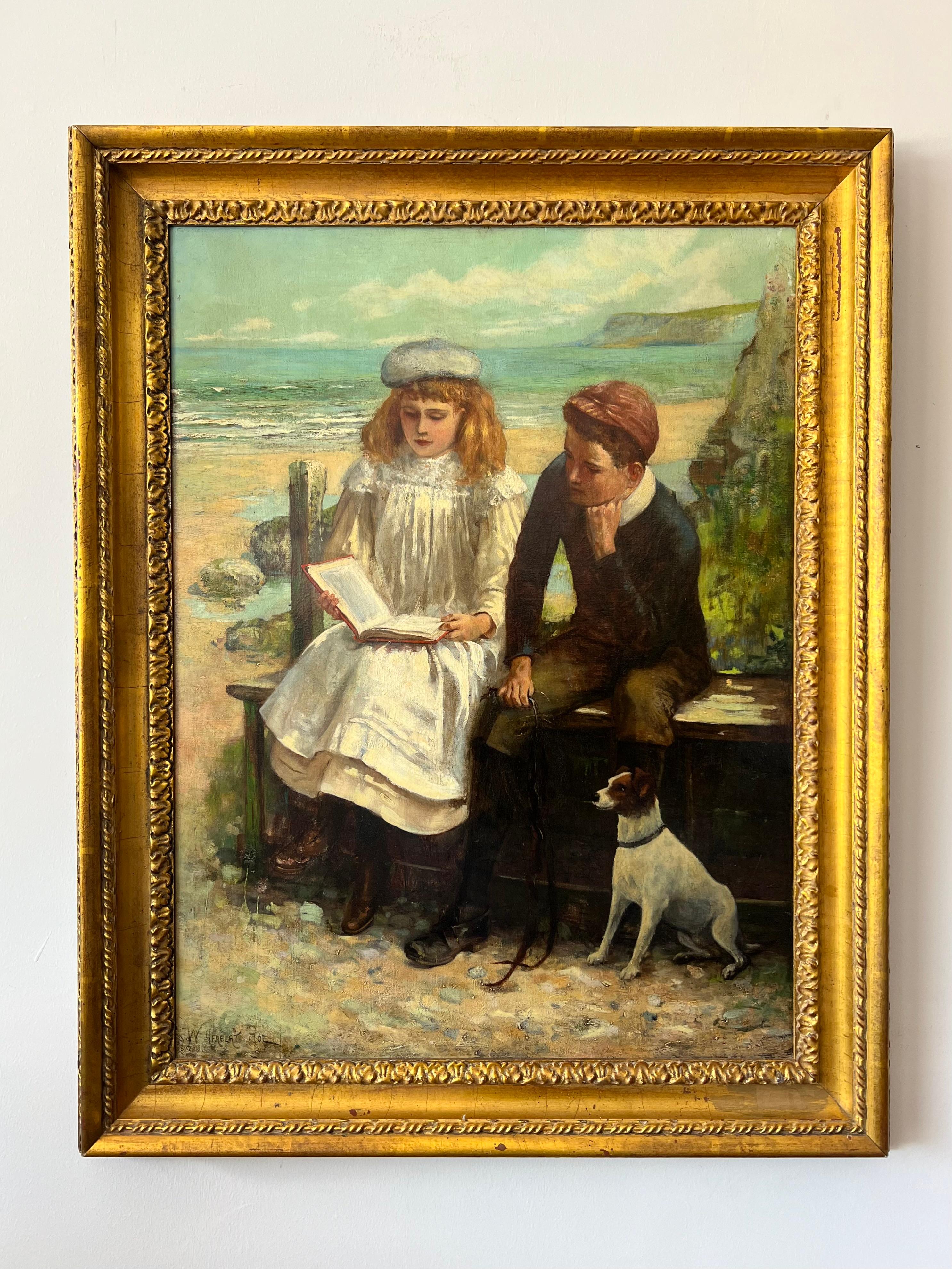 Un eccezionale dipinto dell'artista britannico Walter Herbert Roe, risalente all'inizio del XX secolo. Raffigura magistralmente due bambini che leggono un libro e un cane che li segue con attenzione, come se il tempo si fosse fermato. 