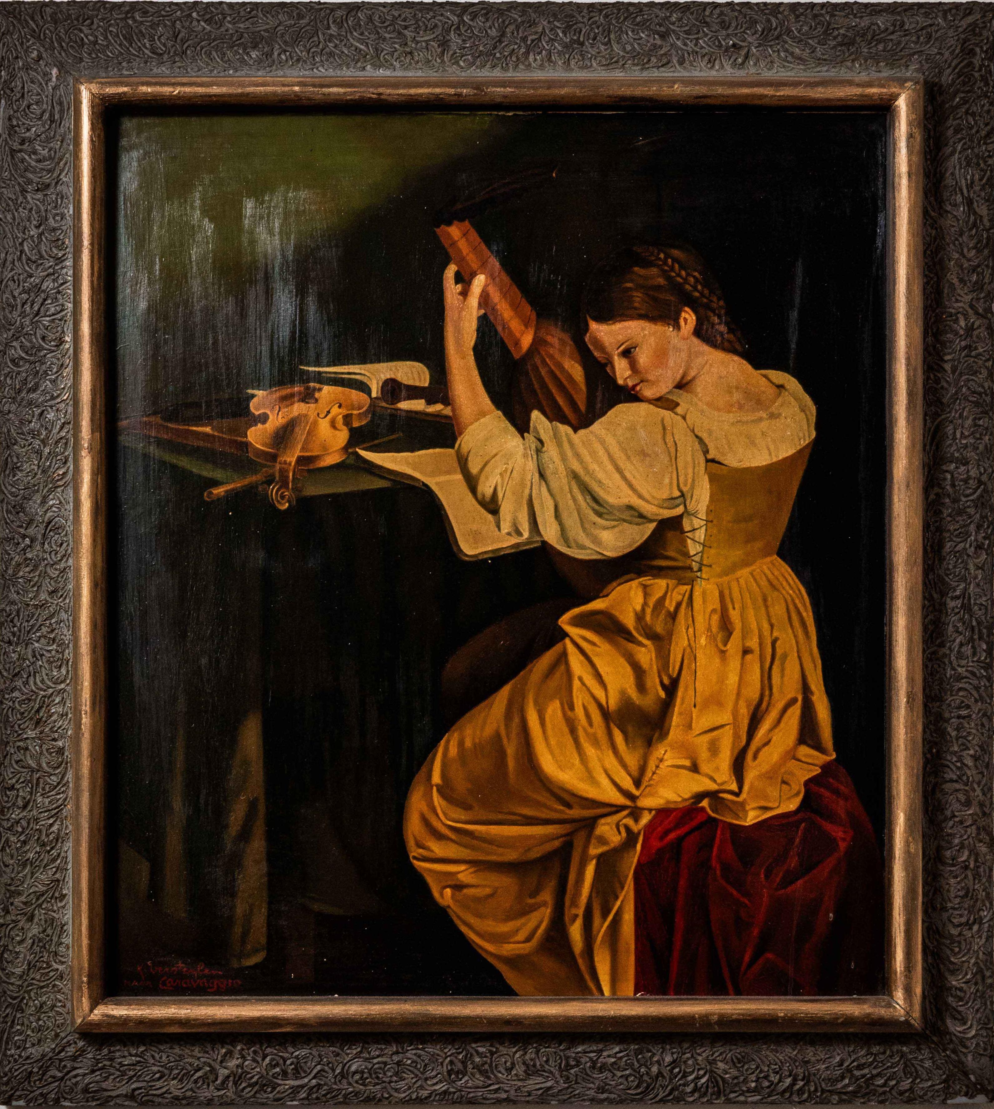 A painting of a copy of Caravaggio

This impressive work is an oil on canvas painting that faithfully captures the masterful elements of the famous Italian painter Caravaggio. Signed by K. Versteylen, the painting bears a distinctive signature