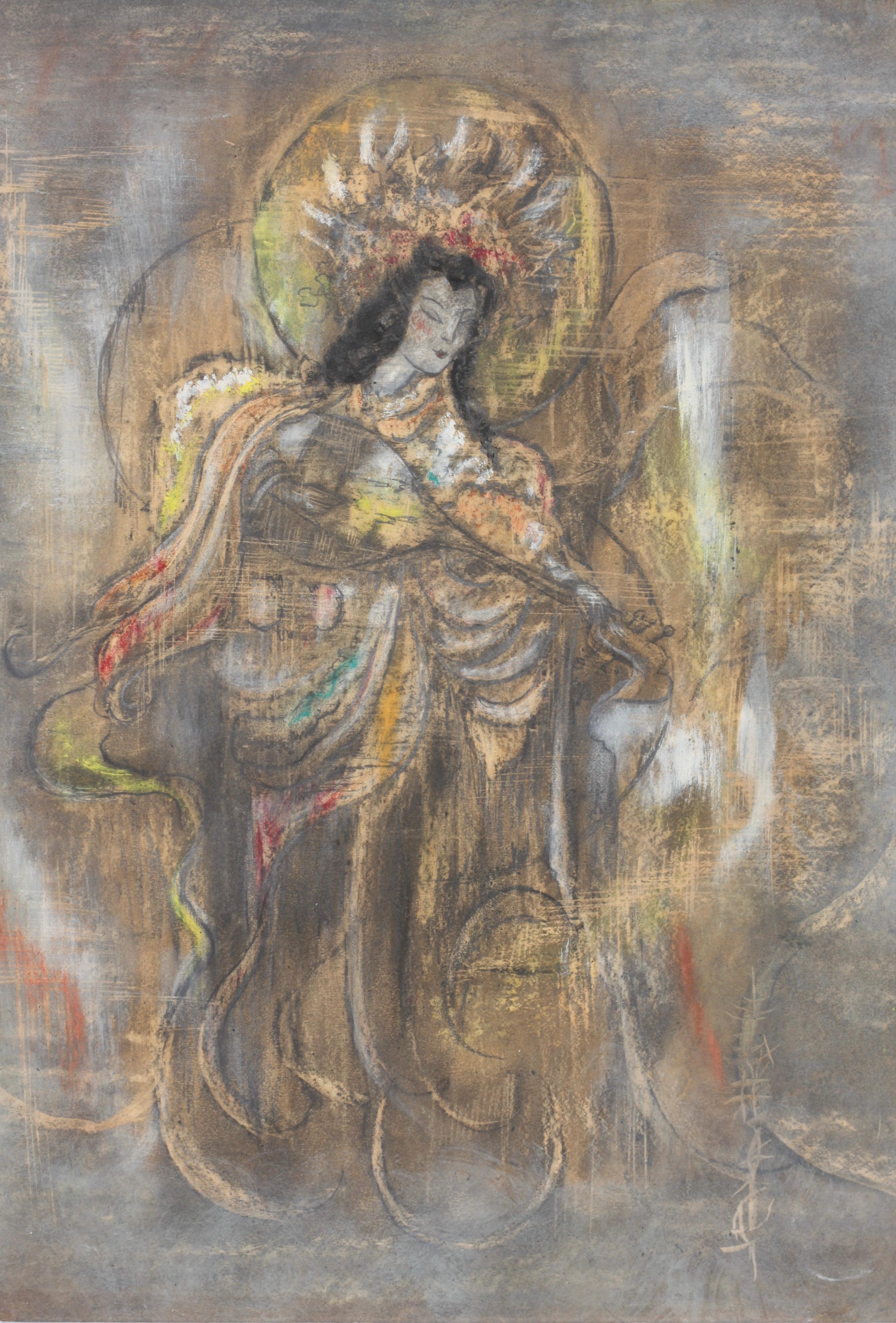 A painting of Guanyin
Qing Dynasty 19/20th century
color on silk; 
The deity depicted floating, attired in long robes, adorned with jewels and wearing an ornate diadem with long tresses falling over the shoulders, silk-mounted and