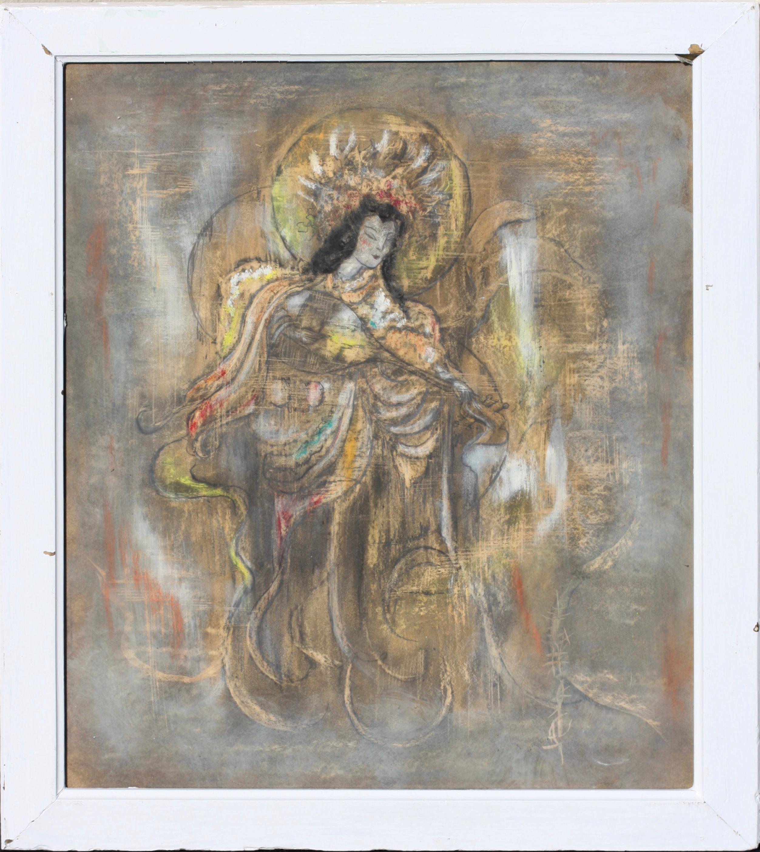 Peinture de Guanyin dynastie Qing 19/20ème siècle Couleur sur soie Bon état - En vente à West Palm Beach, FL