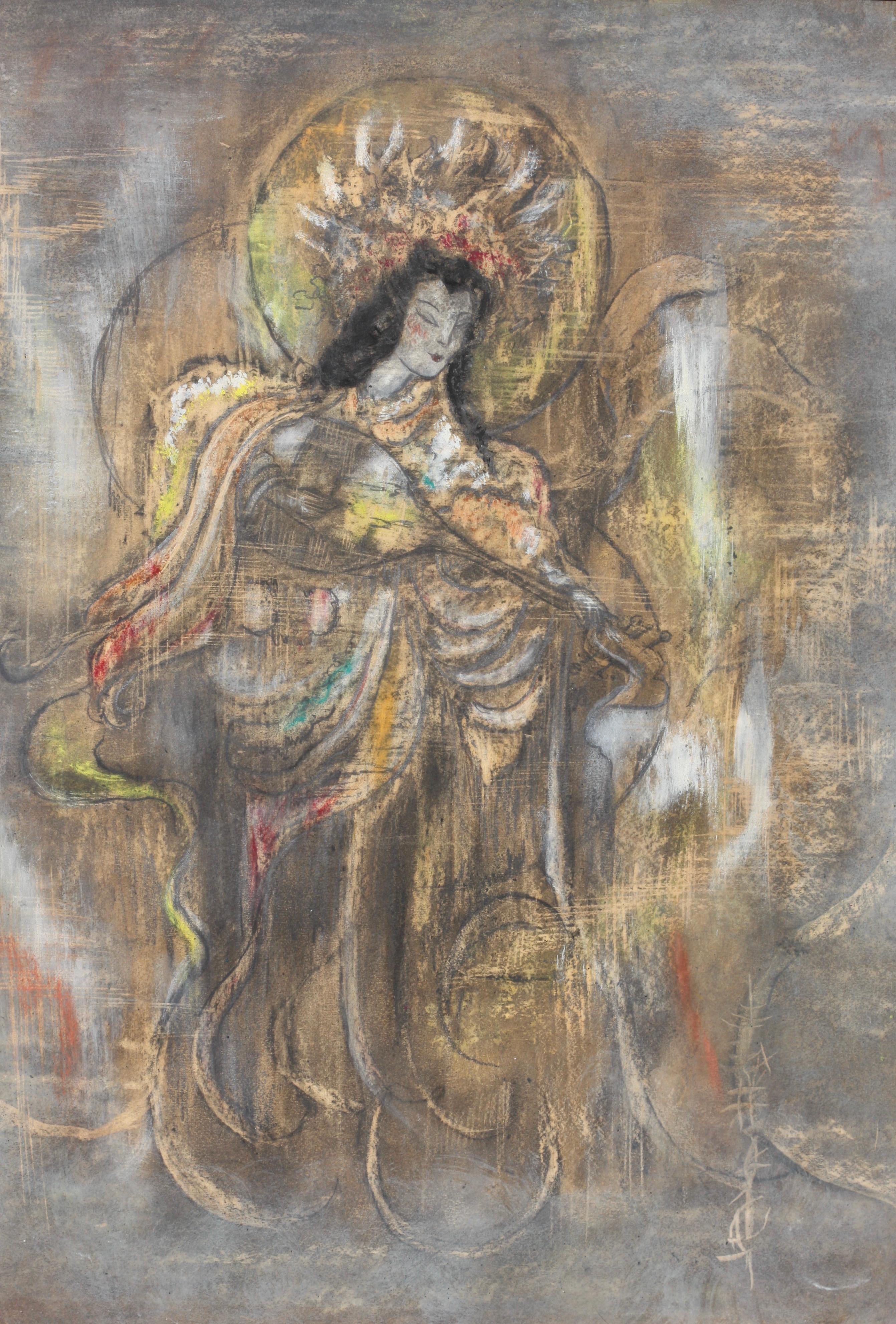 Painting of Guanyin Qing Dynasty 19/20th Century Color on Silk For Sale 1