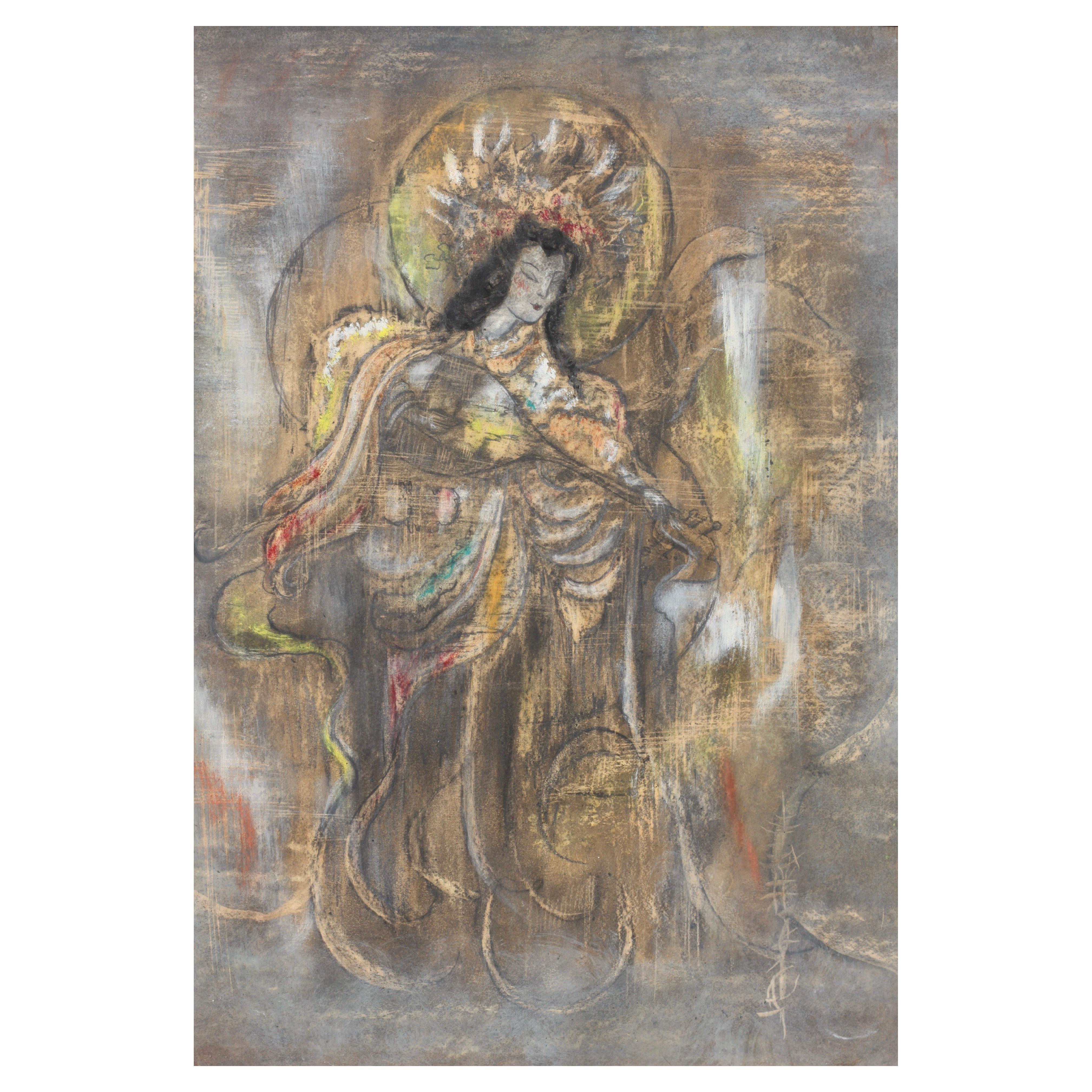 Painting of Guanyin Qing Dynasty 19/20th Century Color on Silk For Sale