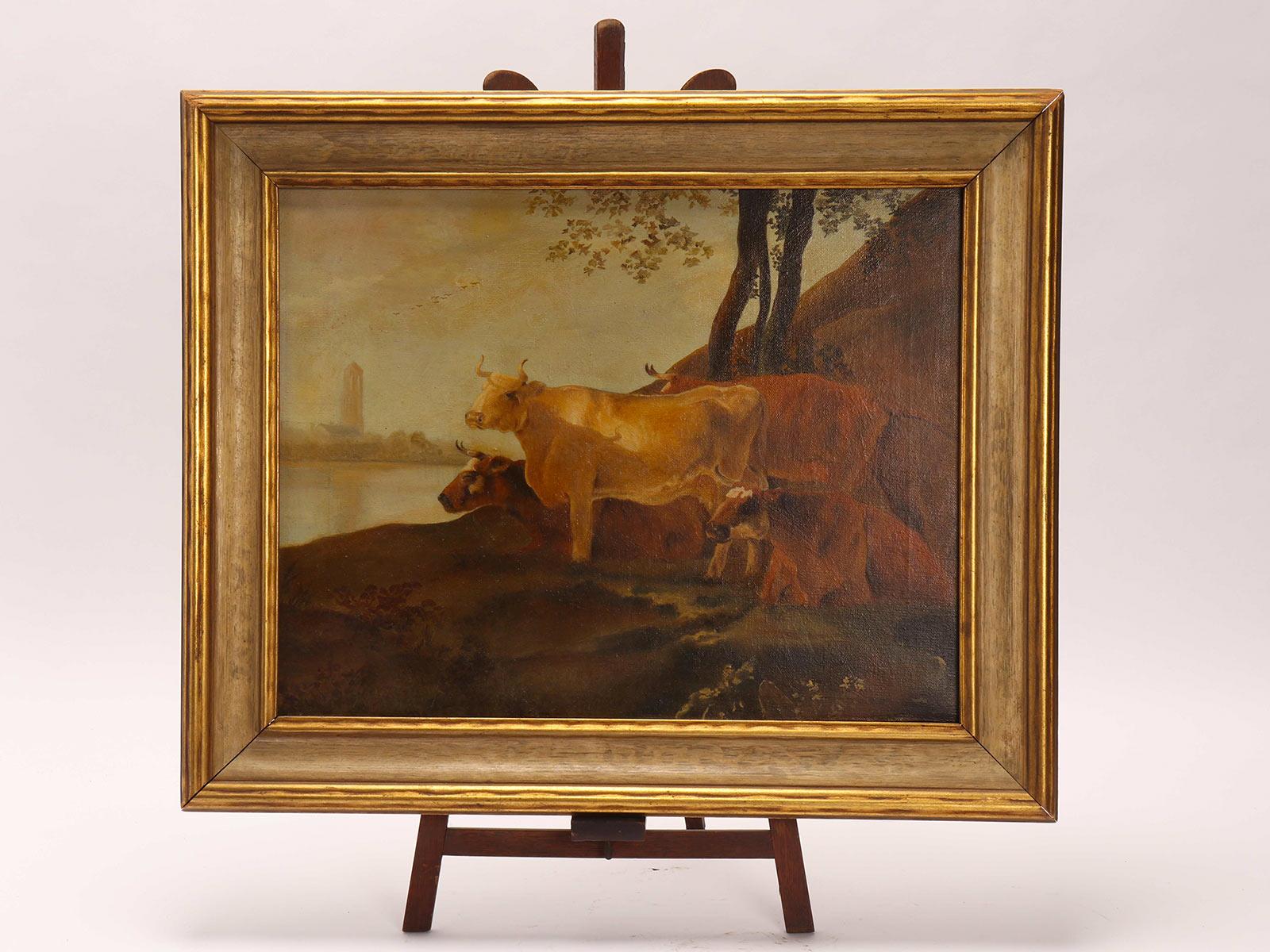 An oil on canvas painting depicting a group of cows. Golden painted frame. Austria, 1880 ca.