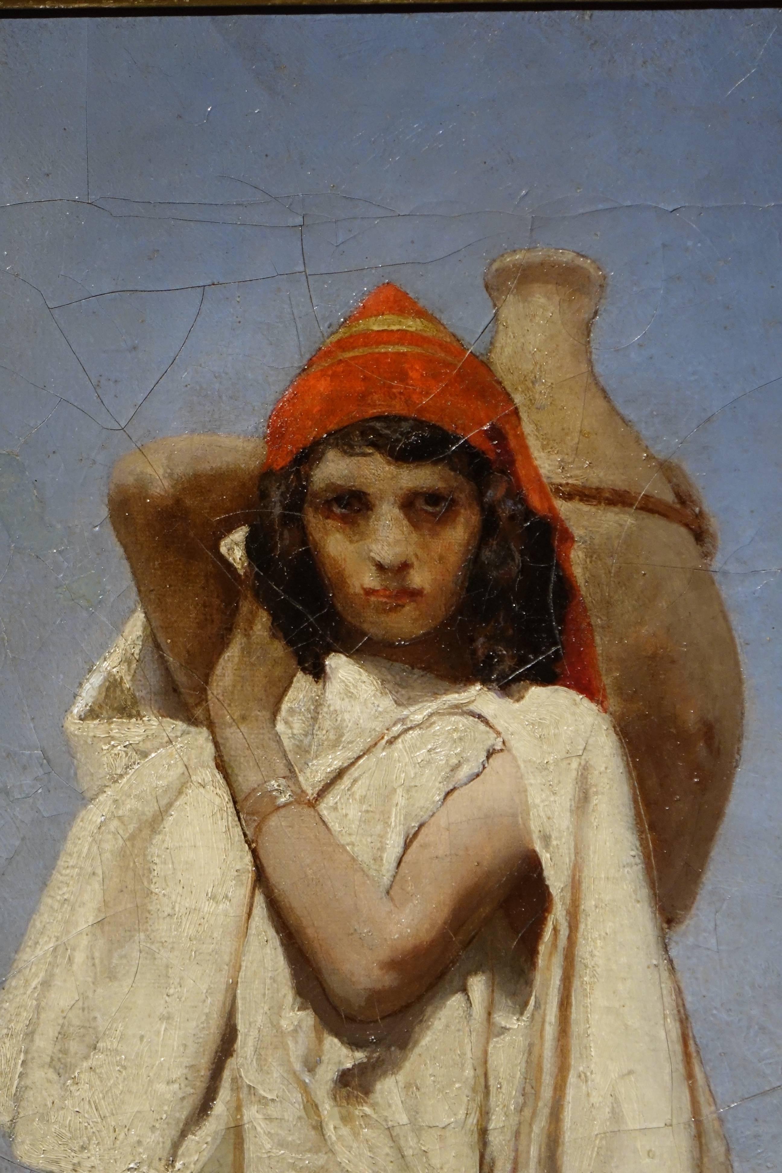 A painting signed JM Desandre, circa 1880, French School 
Young water carrier in front of a spring, wearing a red headdress, in Algeria
Oil on canvas signed lower right Desandre.
Jules Marie Desandre, painter of genre and landscapes, watercolorist,