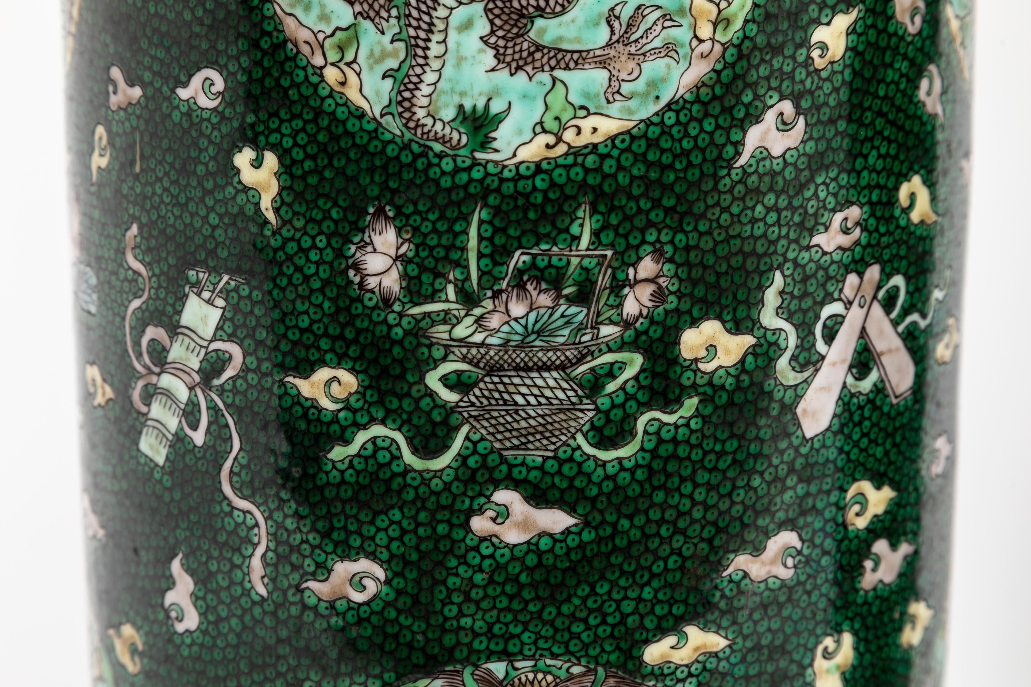 A Pair 18 C. Chinese Kangxi Porcelain Famille Verte Fish-Roe Ground Dragon Vases For Sale 4