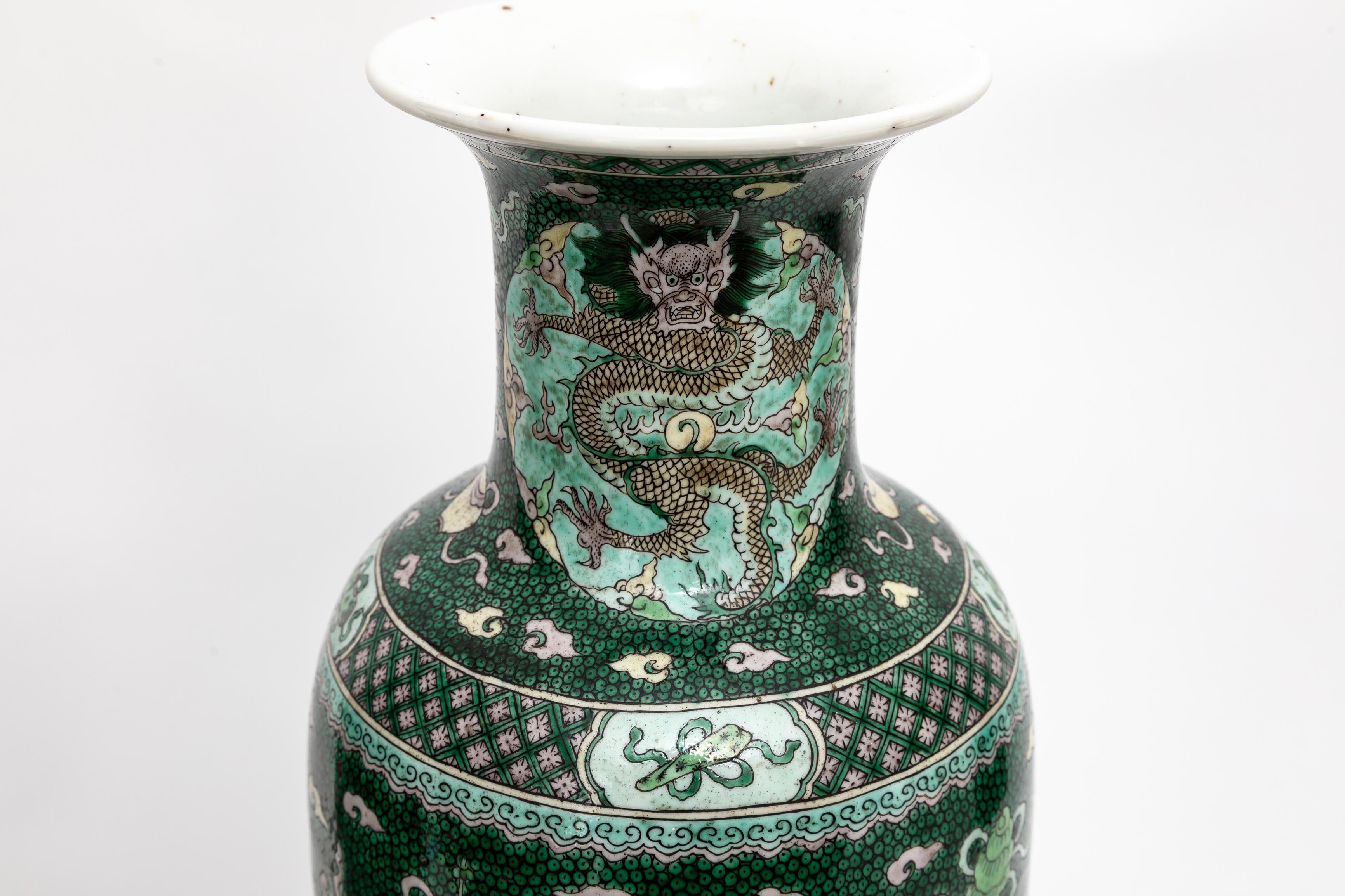 A Pair 18 C. Chinese Kangxi Porcelain Famille Verte Fish-Roe Ground Dragon Vases For Sale 6
