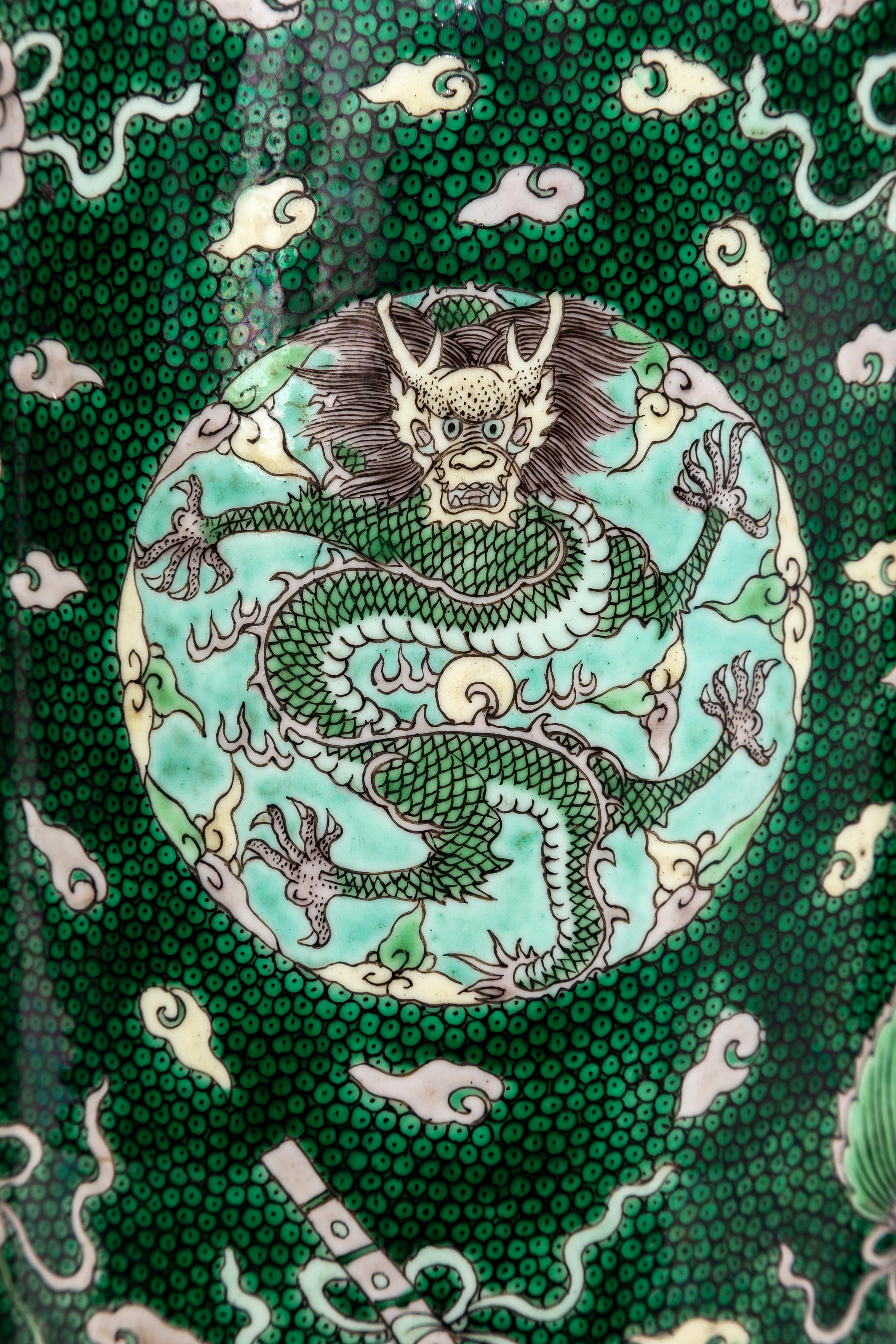 A Pair 18 C. Chinese Kangxi Porcelain Famille Verte Fish-Roe Ground Dragon Vases For Sale 7