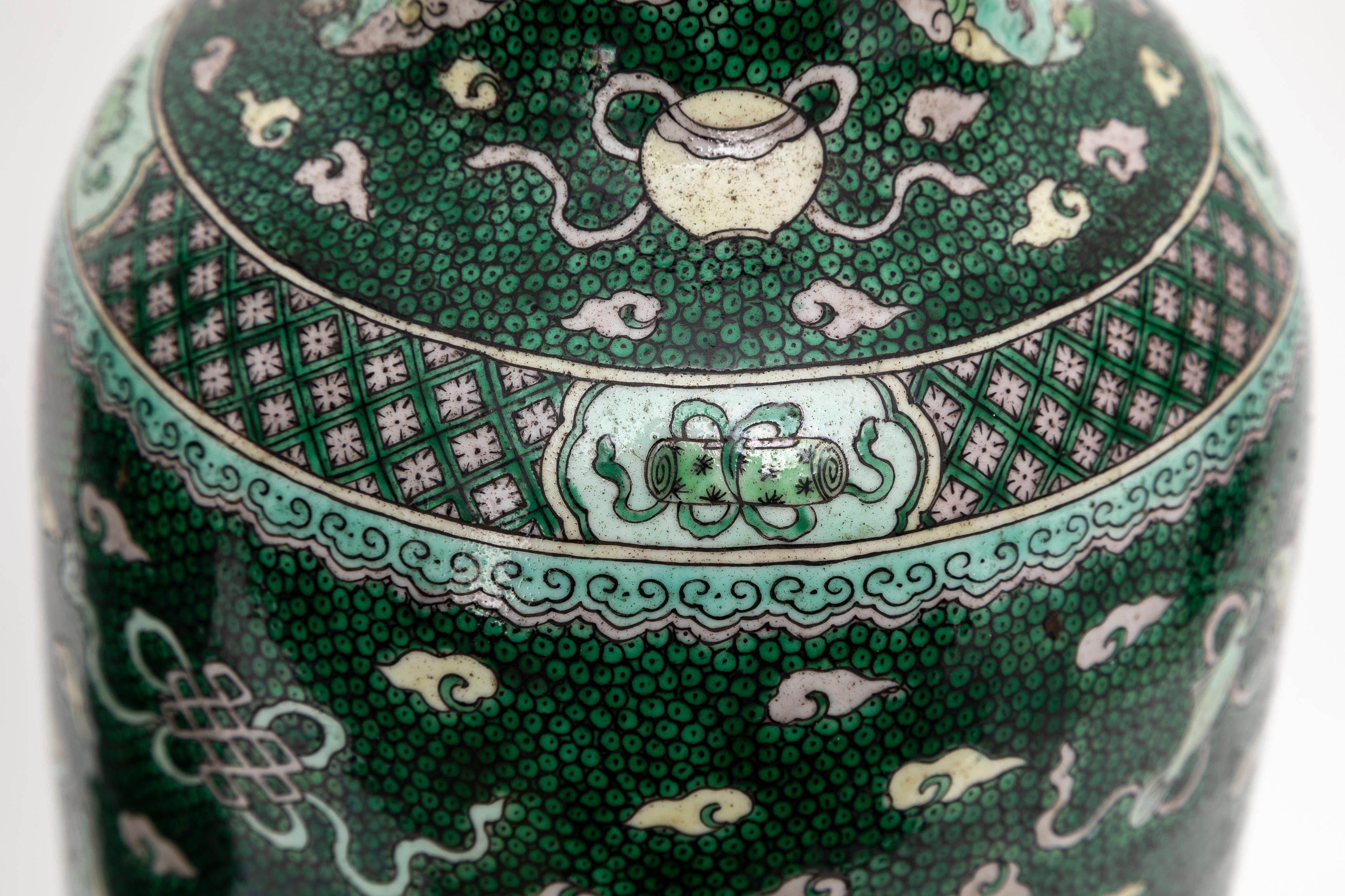 A Pair 18 C. Chinese Kangxi Porcelain Famille Verte Fish-Roe Ground Dragon Vases For Sale 9