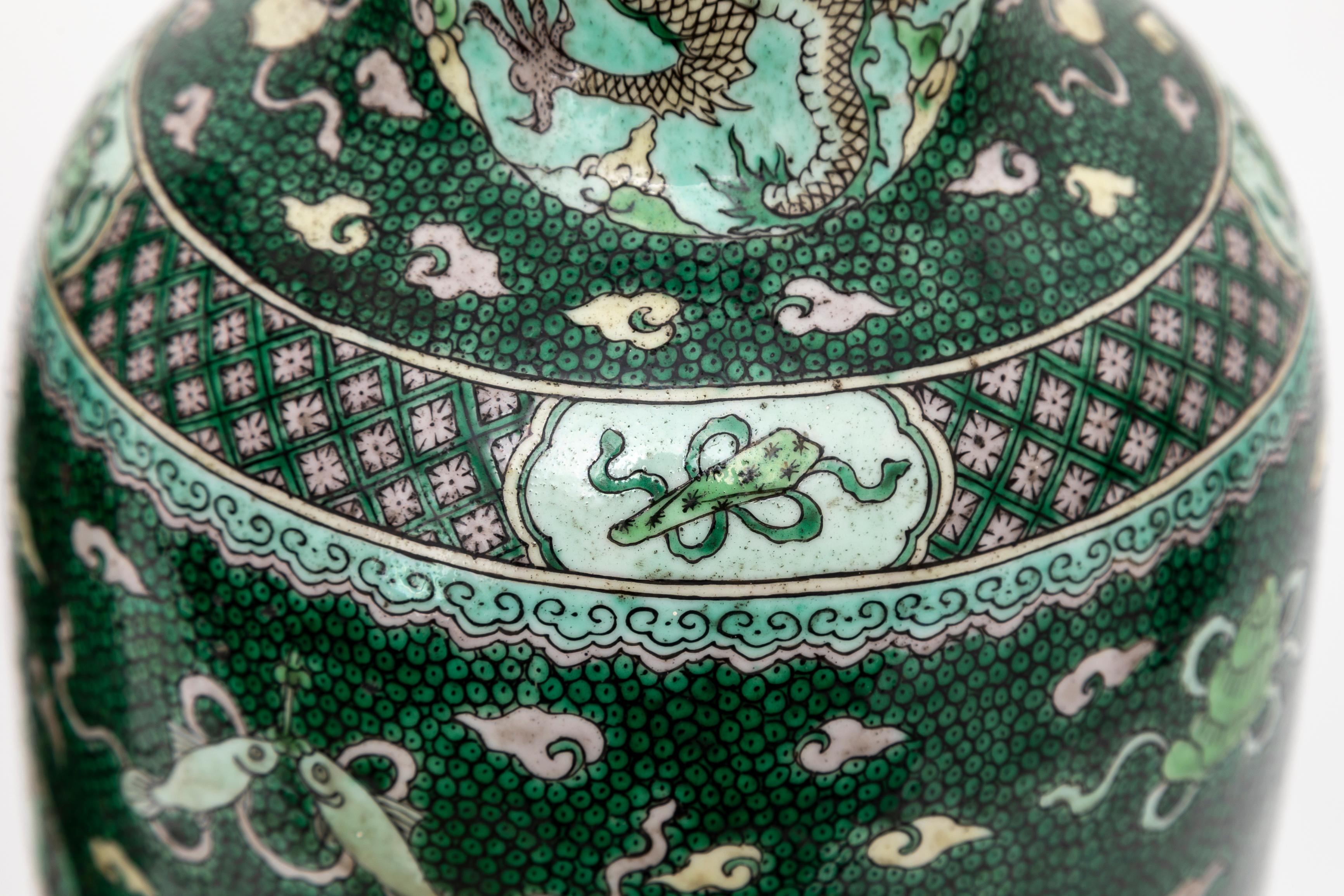 A Pair 18 C. Chinese Kangxi Porcelain Famille Verte Fish-Roe Ground Dragon Vases For Sale 10