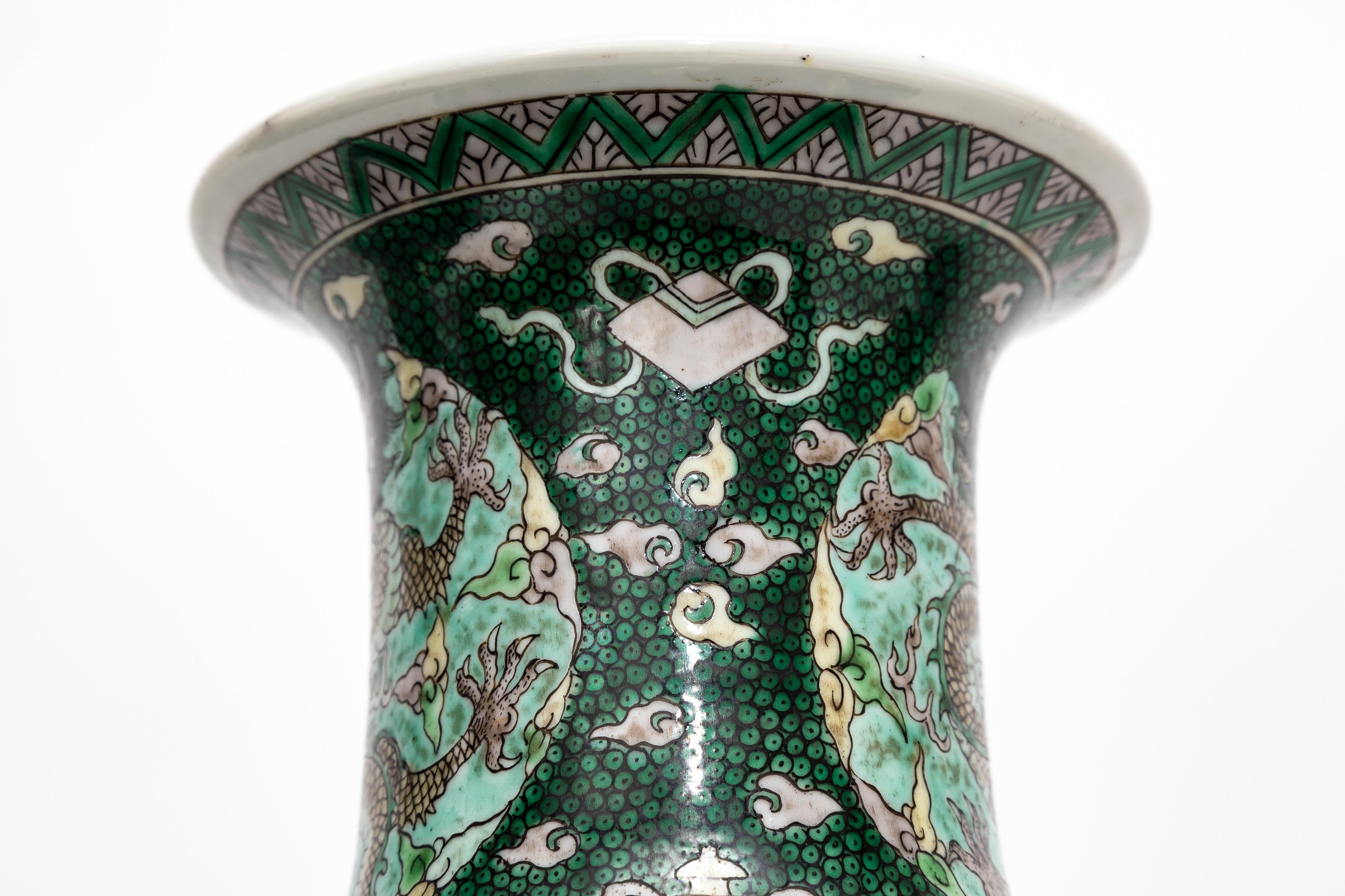 A Pair 18 C. Chinese Kangxi Porcelain Famille Verte Fish-Roe Ground Dragon Vases For Sale 11