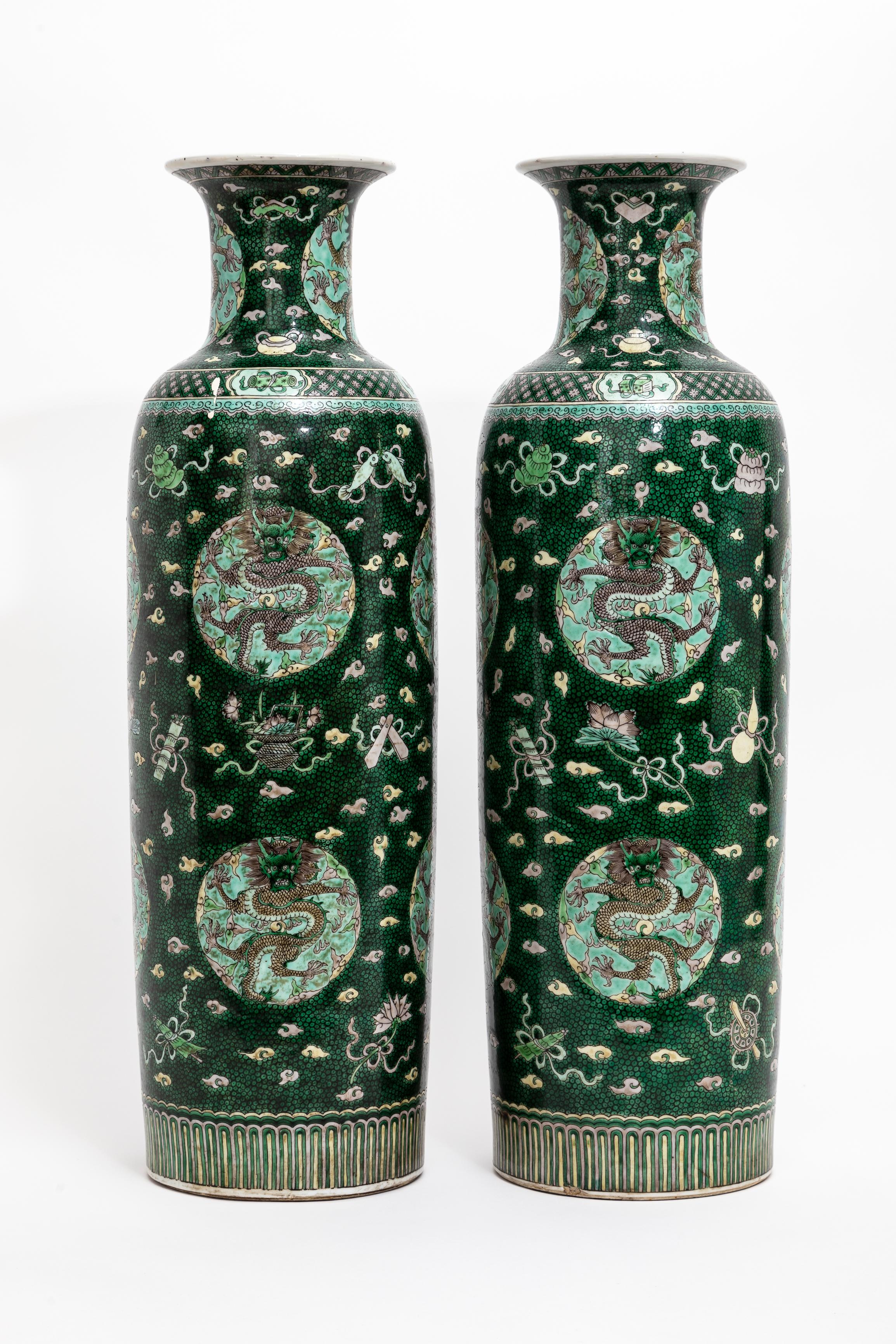 Other A Pair 18 C. Chinese Kangxi Porcelain Famille Verte Fish-Roe Ground Dragon Vases For Sale