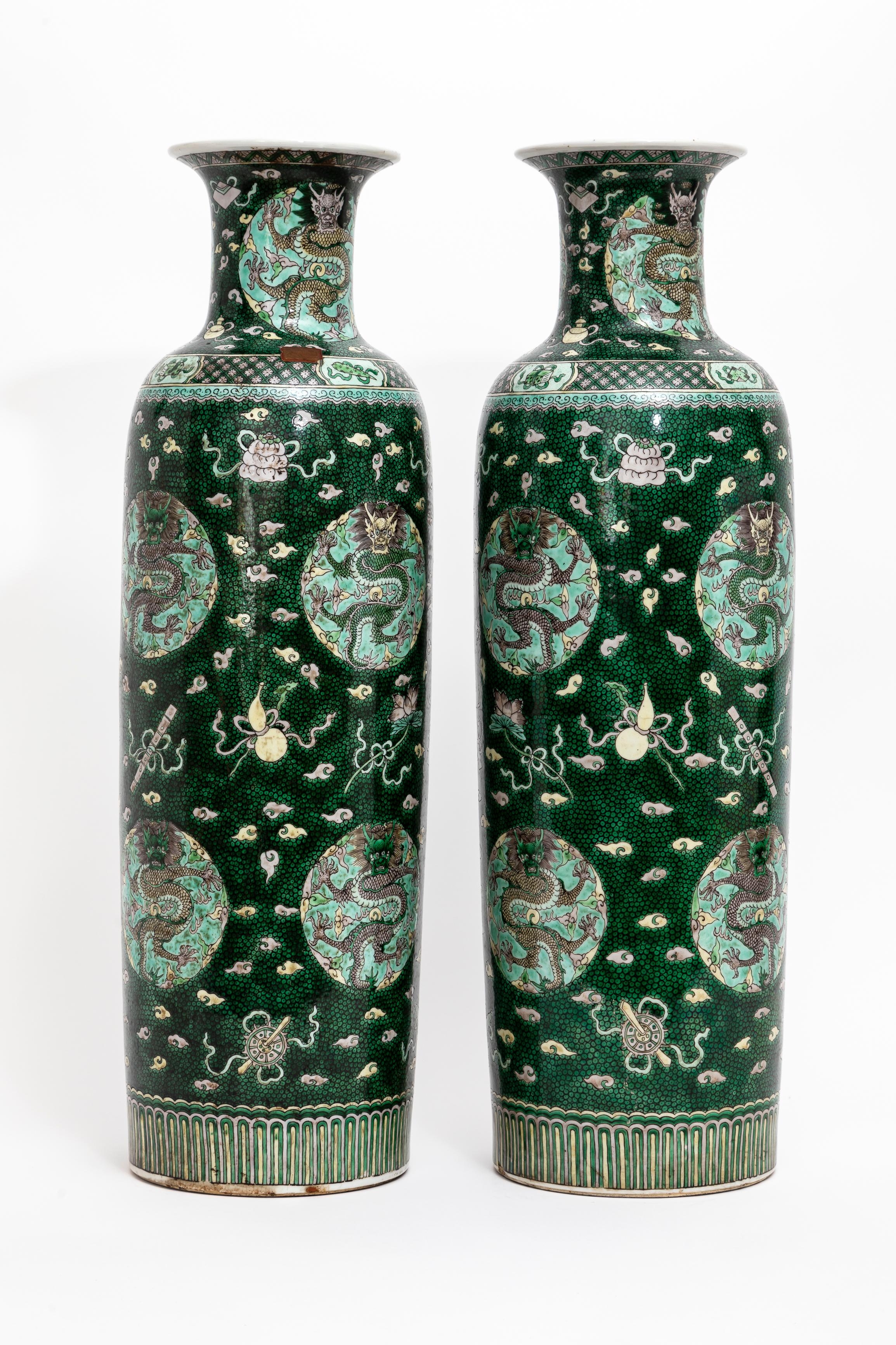 Enameled A Pair 18 C. Chinese Kangxi Porcelain Famille Verte Fish-Roe Ground Dragon Vases For Sale