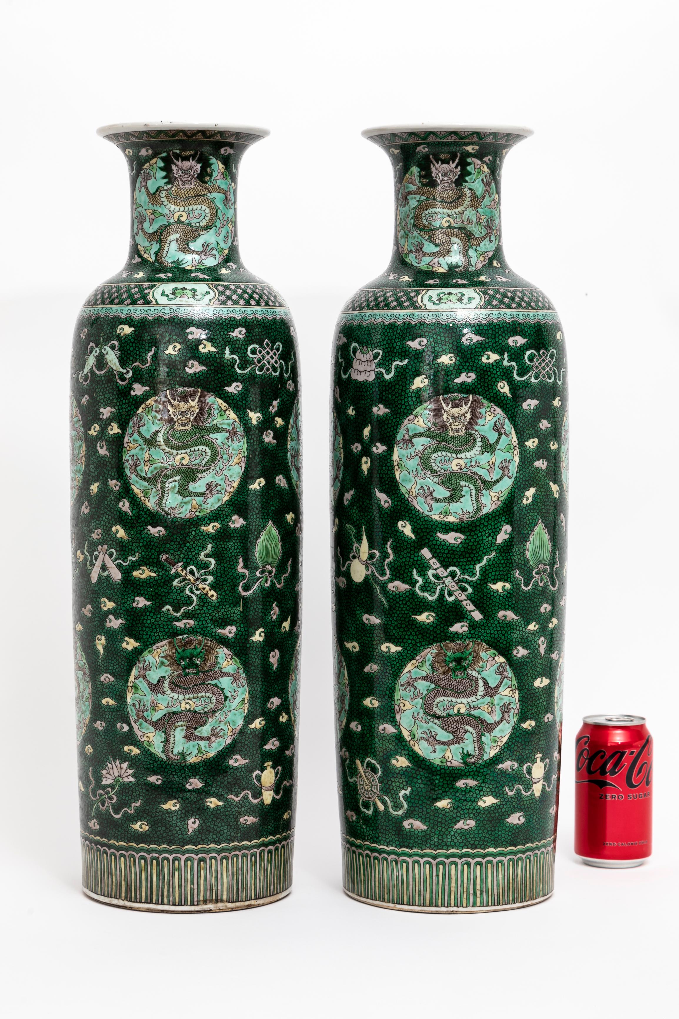 18th Century and Earlier A Pair 18 C. Chinese Kangxi Porcelain Famille Verte Fish-Roe Ground Dragon Vases For Sale