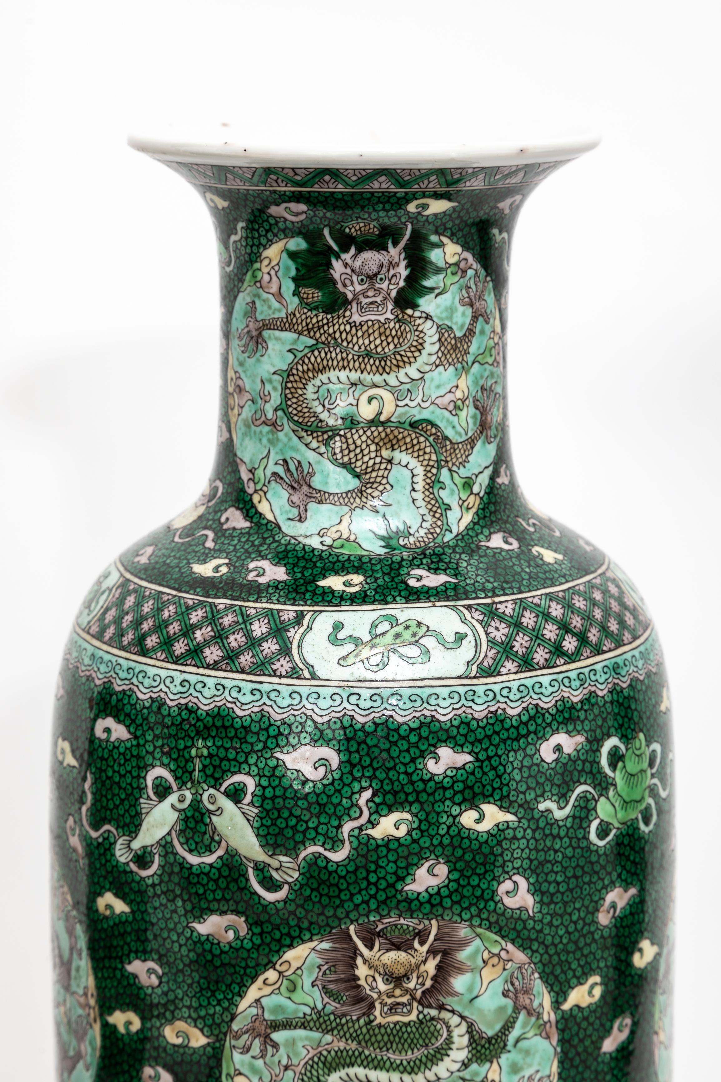 A Pair 18 C. Chinese Kangxi Porcelain Famille Verte Fish-Roe Ground Dragon Vases For Sale 1