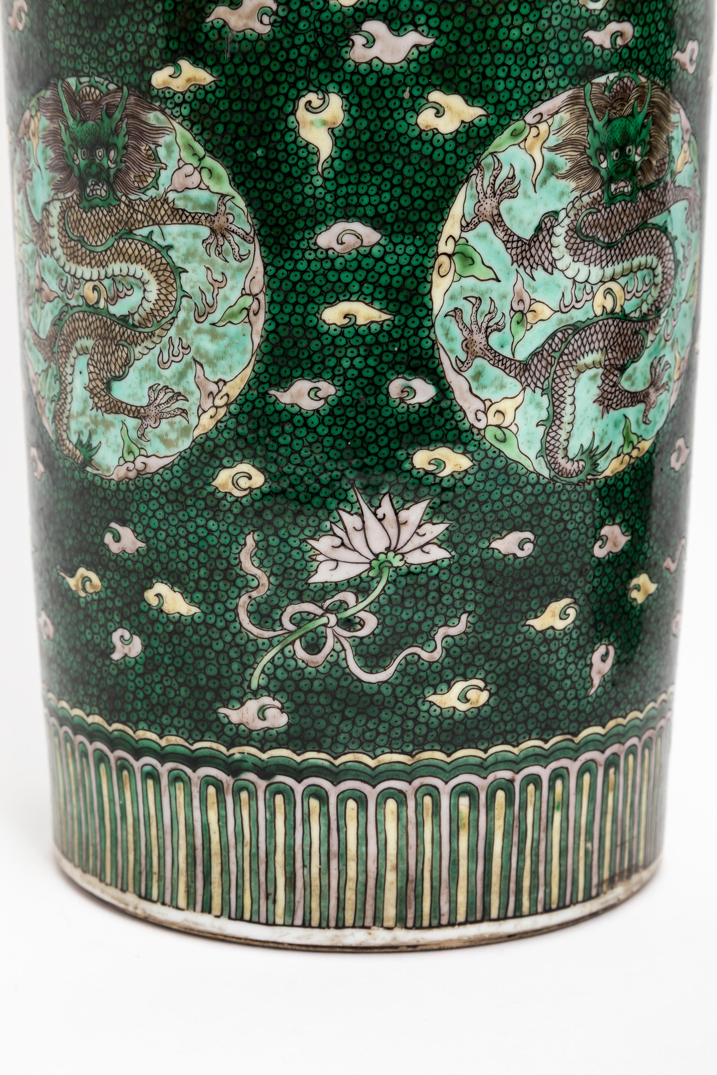 A Pair 18 C. Chinese Kangxi Porcelain Famille Verte Fish-Roe Ground Dragon Vases For Sale 3