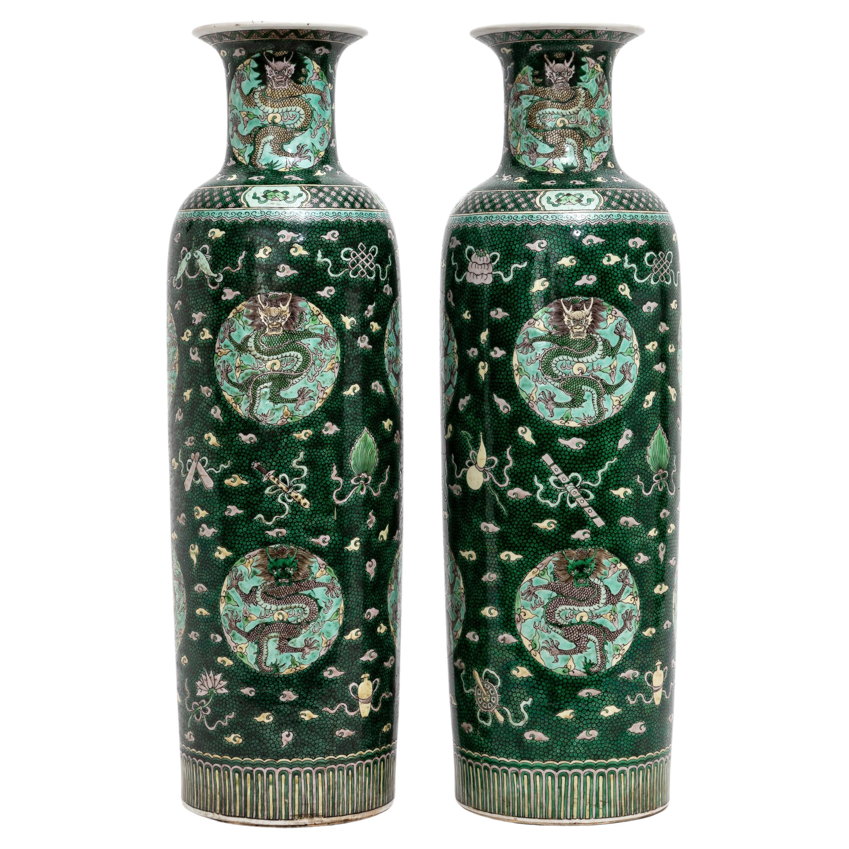 A Pair 18 C. Chinese Kangxi Porcelain Famille Verte Fish-Roe Ground Dragon Vases