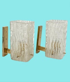 A pair 1970s "Ice glass" Murano and brass wall sconces by RZB Leuchten.