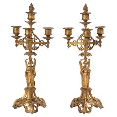 Antique A Pair 19th Century Candelabras - Bronze Patinated Spelter - Gothic Style