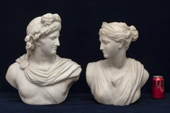 A Pair 19th Century Italian Hand-Carved Carrara Marble Busts of Apollo & Artemis