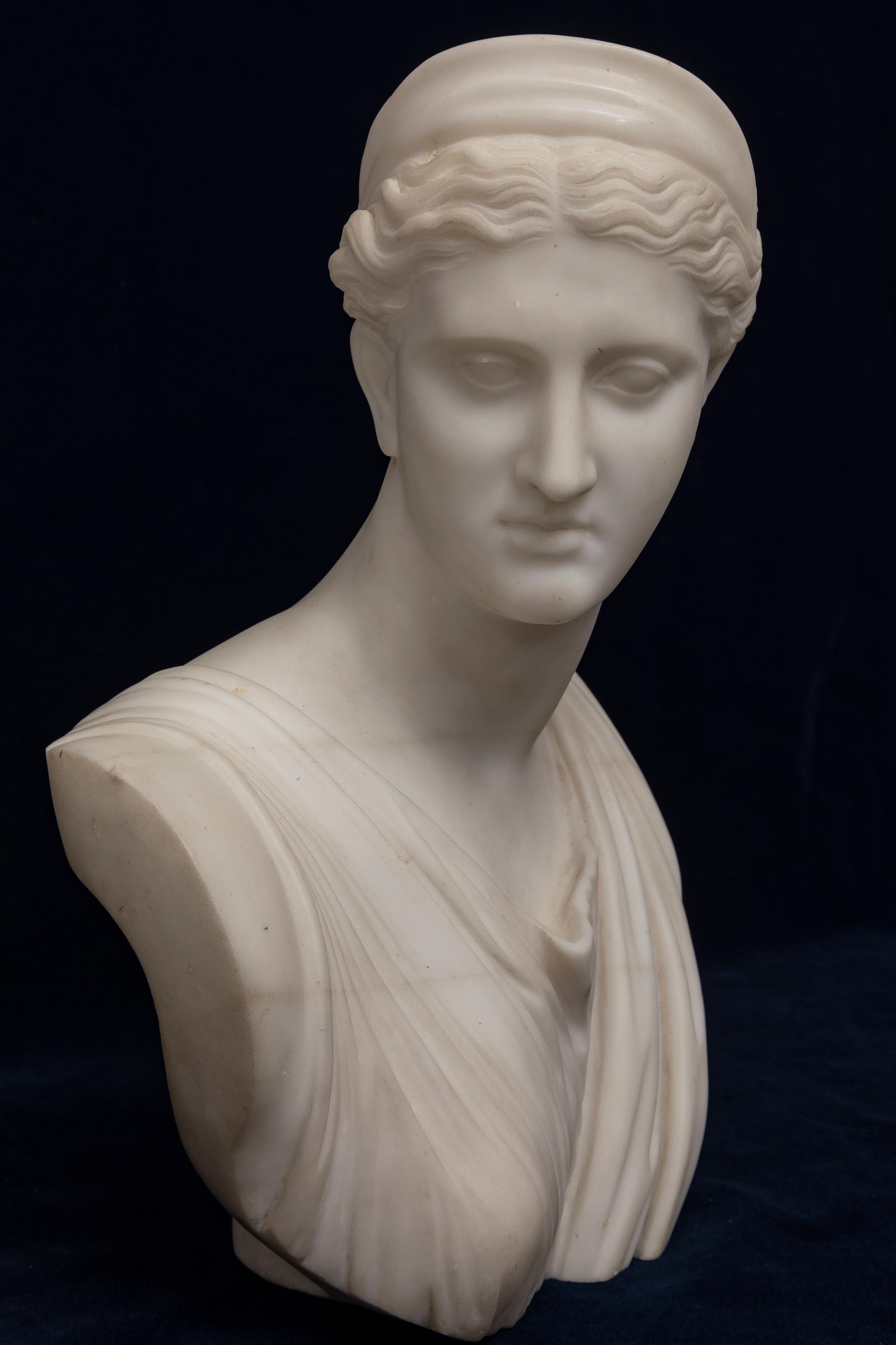 Neoclassico Coppia di busti di Apollo e Artemis in marmo di Carrara intagliati a mano del 19° secolo. in vendita