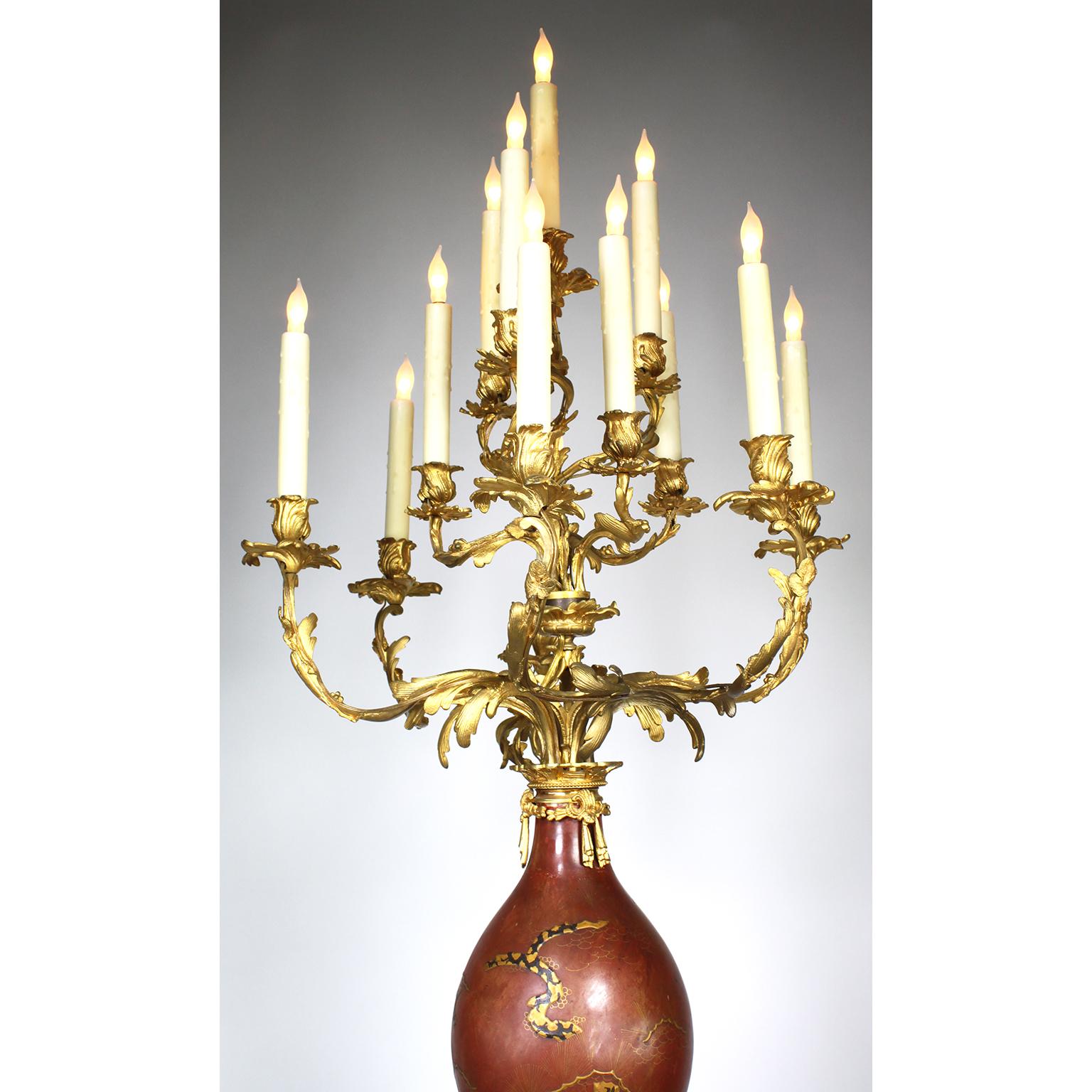 Pair 19th Century Japanese Imari Porcelain & Gilt-Bronze Torchere Candelabra In Good Condition For Sale In Los Angeles, CA